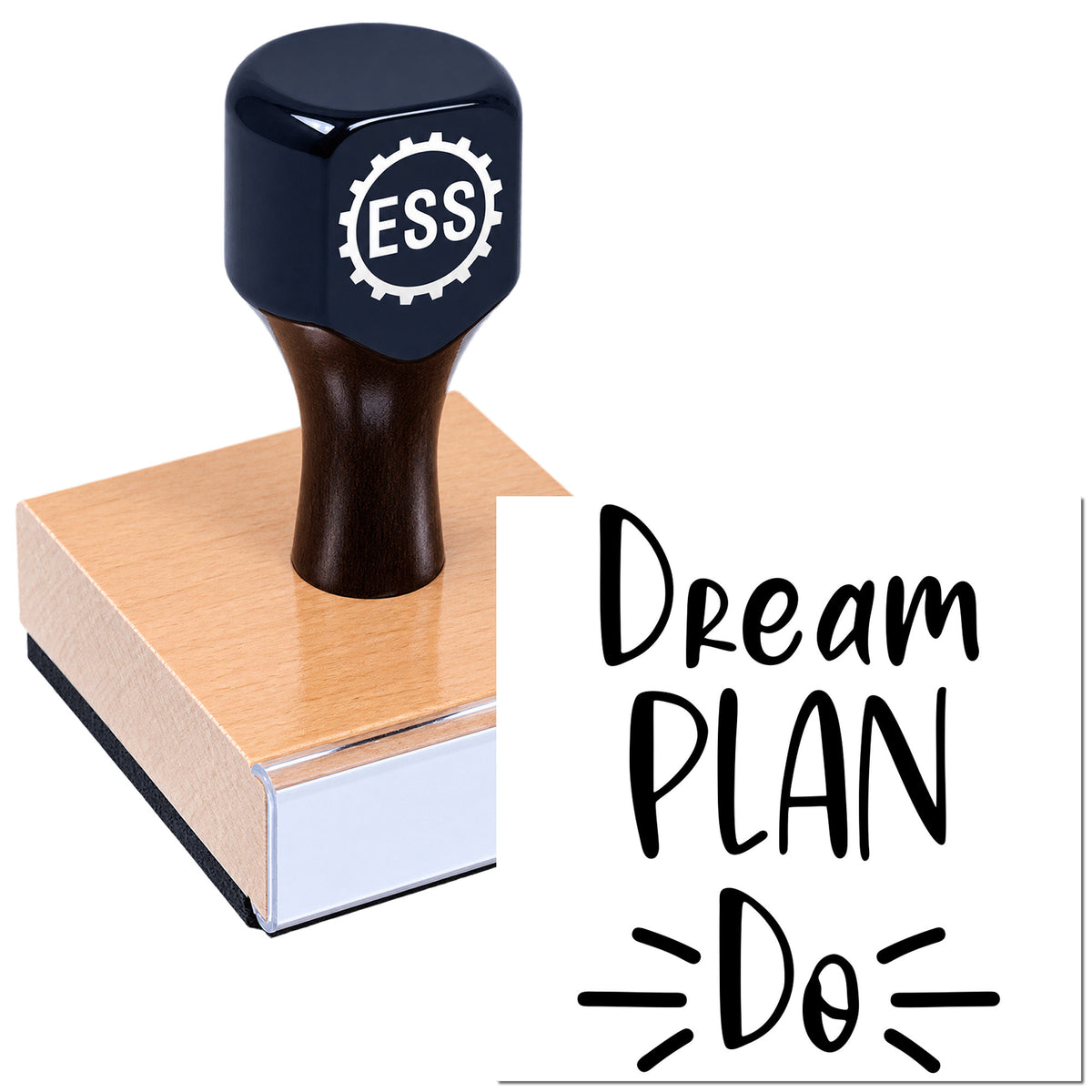 Black custom stamp and seal on a copper square base, with ESS logo and "Dream Plan Do" text.