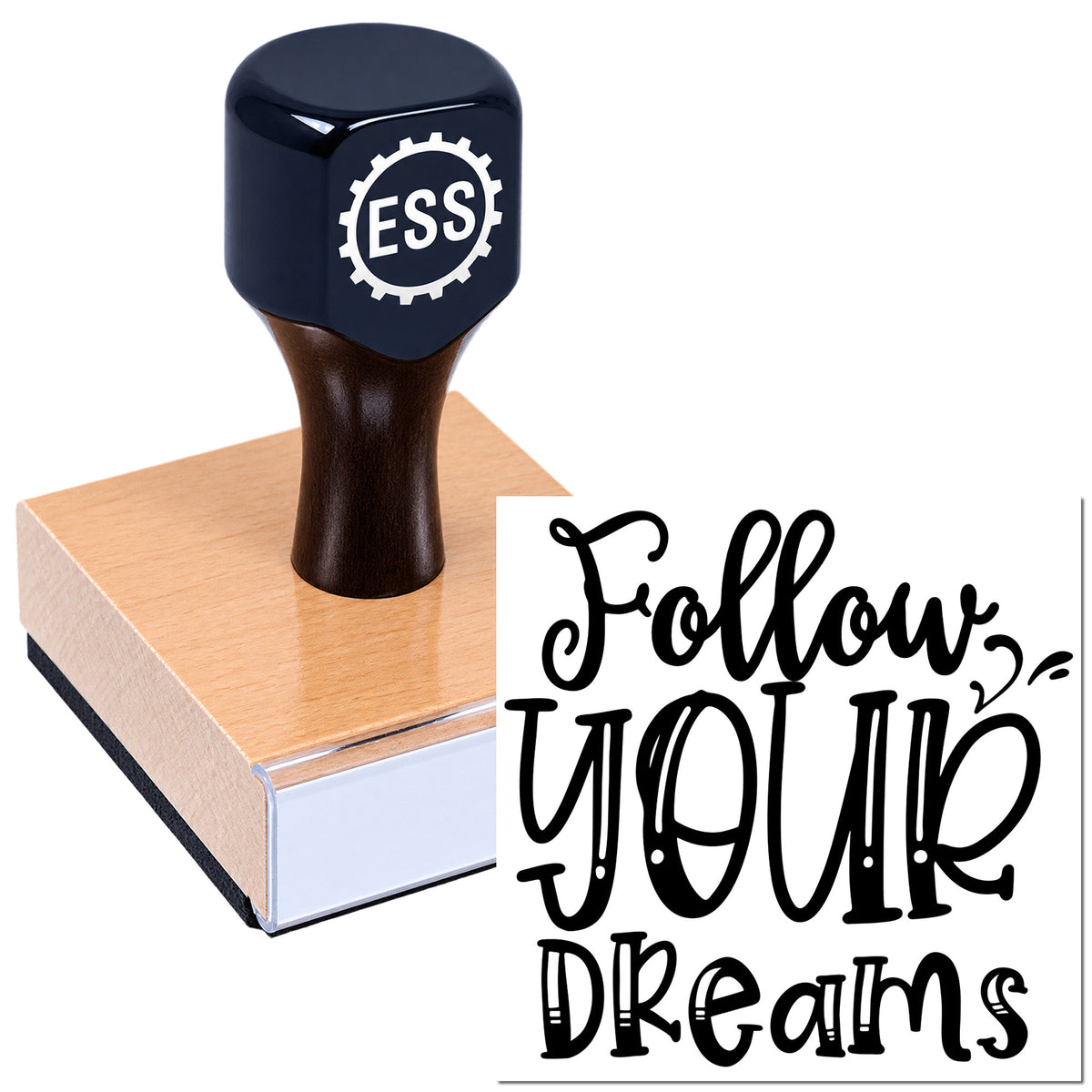 Dark navy ESS custom stamp and seal on copper block with black "Follow your dreams" calligraphy.
