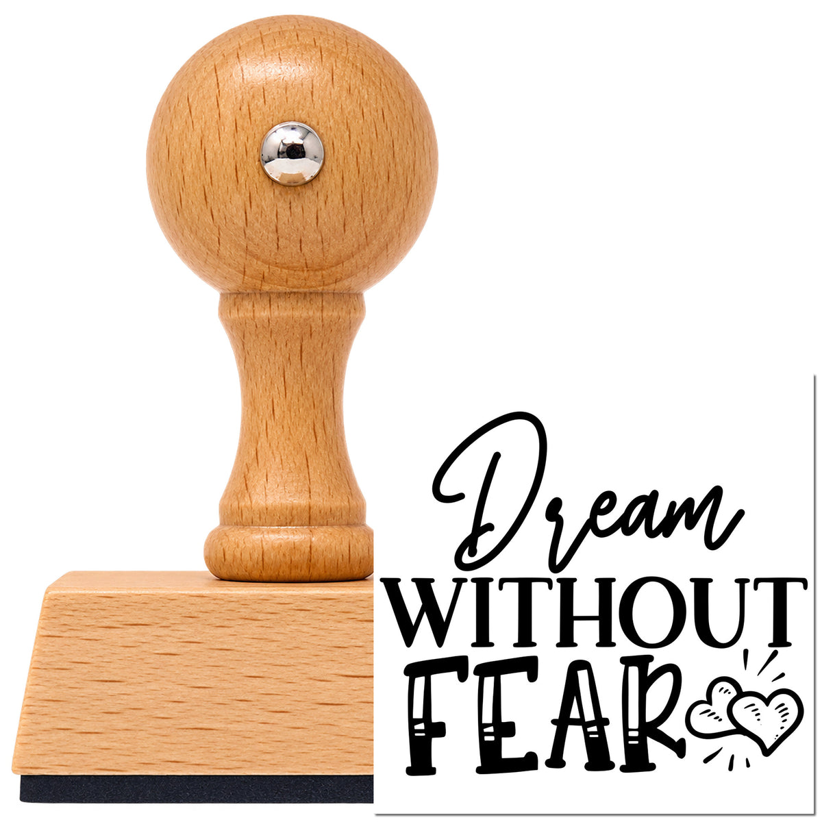 Vintage Pro beech wood stamp with a round knob handle, shown with its black Dream Without Fear Hearts imprint on white.