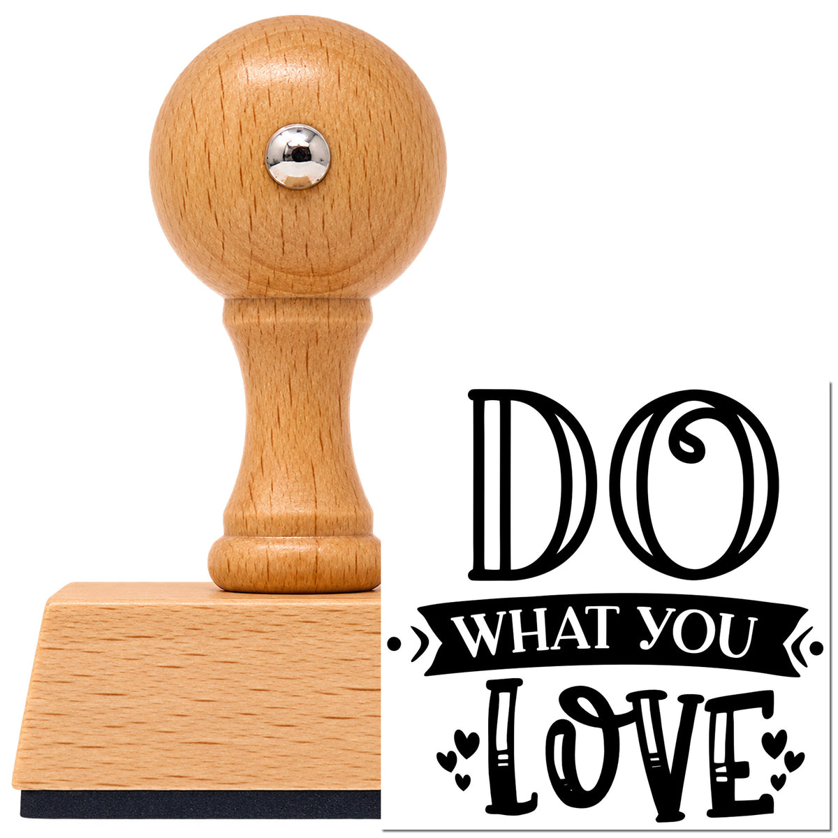 Vintage Pro beech wood stamp with a round knob handle, shown with its black Do What You Love imprint on white.