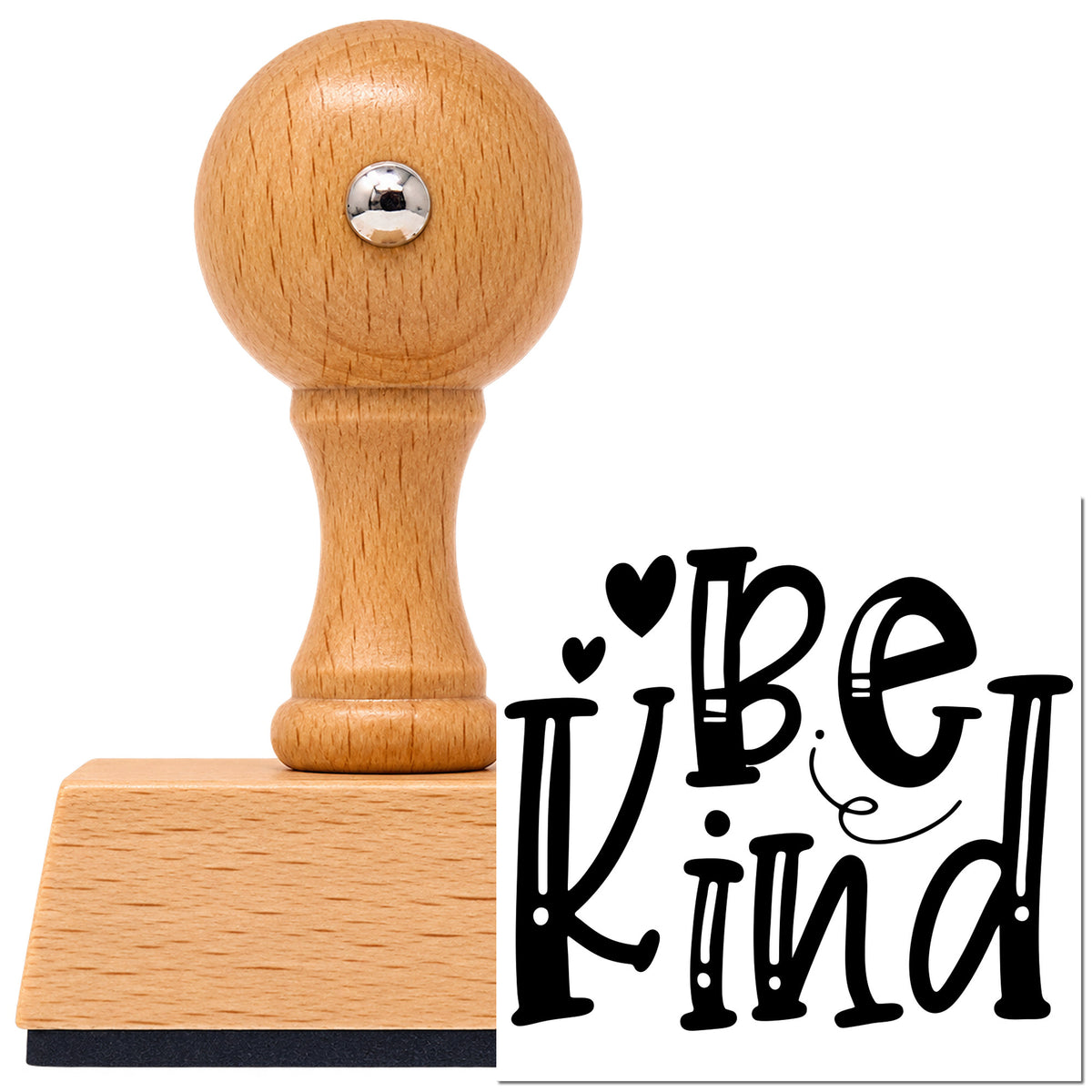 Vintage Pro beech wood stamp with a round knob handle, shown with its black Be Kind Decorative Hearts imprint on white.