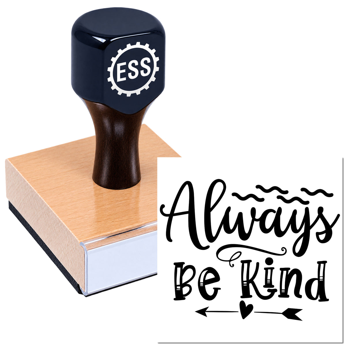 Black ESSI rubber stamp and seal on wooden block with "Always Be Kind" script, black text on white background.