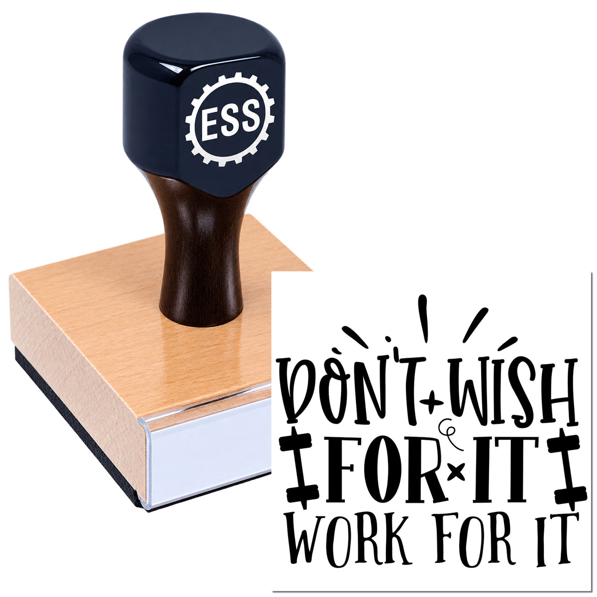 Dark blue ESSI stamp on a copper seal block with bold black "Don't wish for it, work for it" lettering.