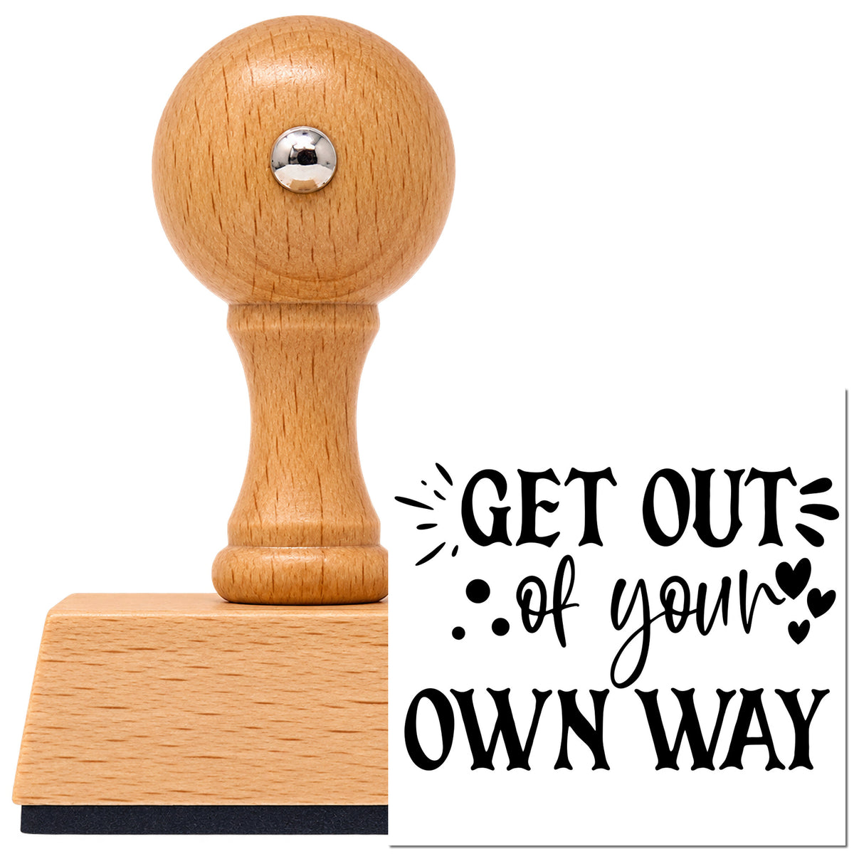 Vintage Pro beech wood stamp with a round knob handle, shown with its black Get Out Of Your Own Way imprint on white.