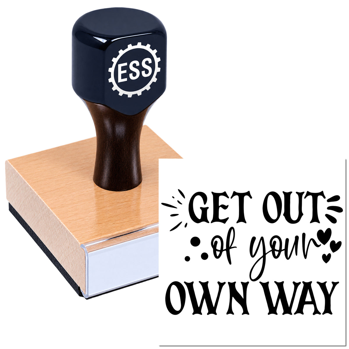 Black ESS rubber stamp with wooden base beside a "Get Out of Your Own Way" seal design on white background