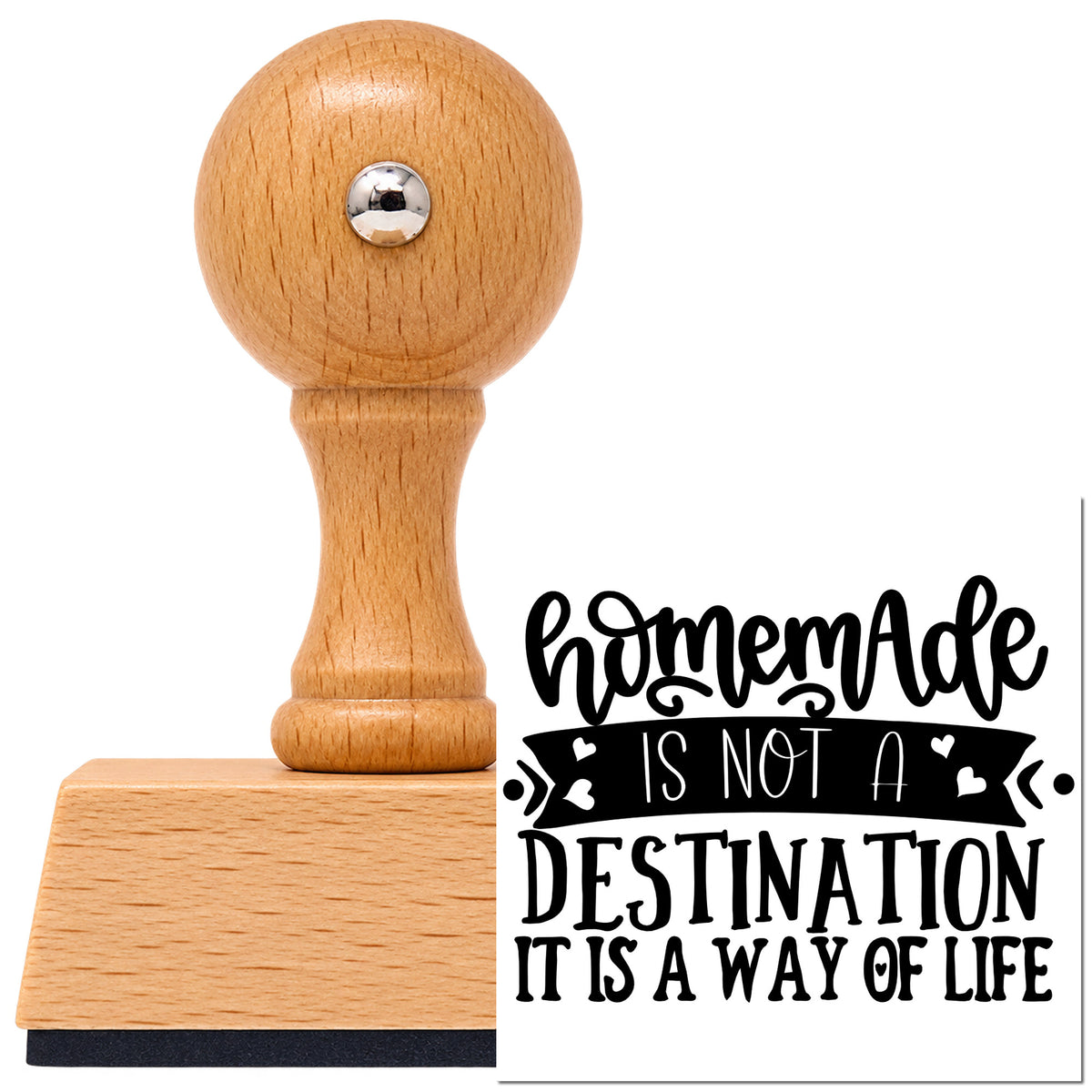 Vintage Pro beech wood stamp with a round knob handle, shown with its black Homemade Way Of Life imprint on white.