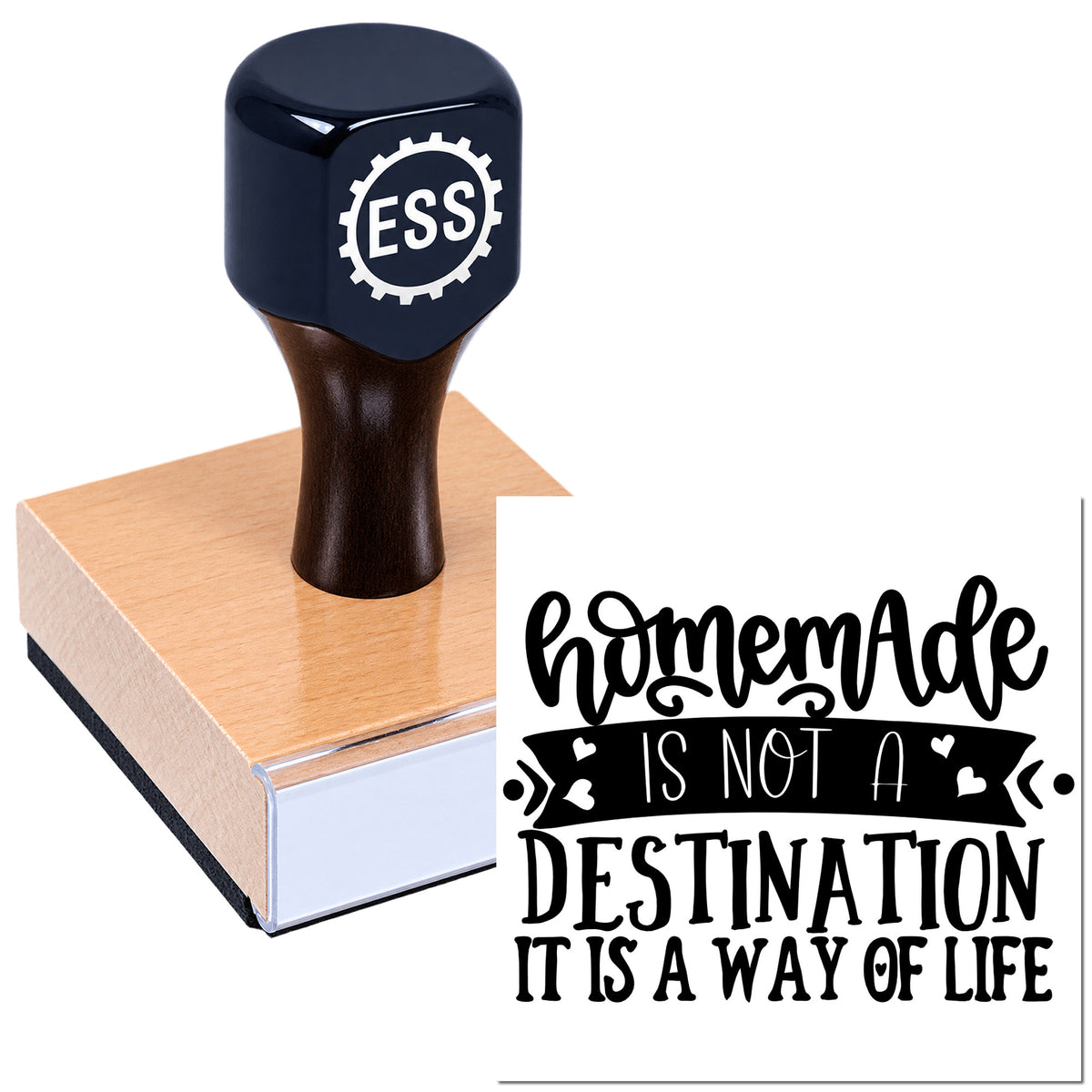 Dark blue ESS stamp and wooden seal block with black "homeMade..." decorative quote design on white background.