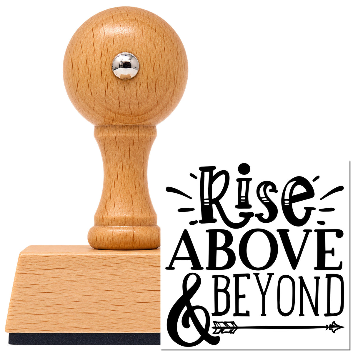 Vintage Pro beech wood stamp with a round knob handle, shown with its black Rise Above & Beyond Arrow imprint on white.