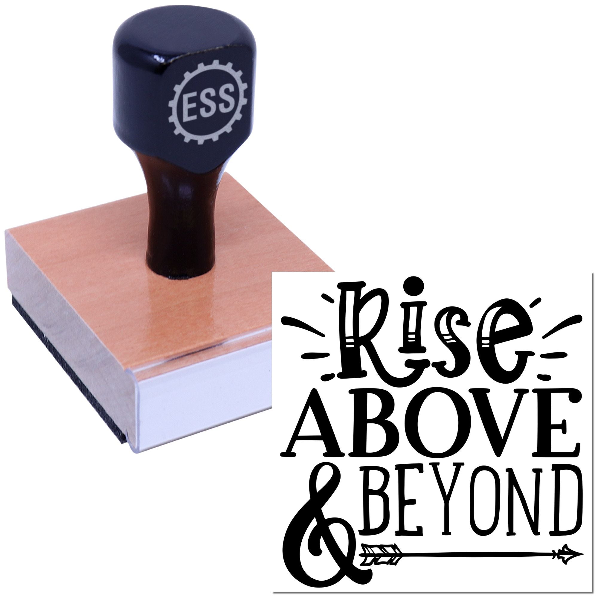 Black ESS rubber stamp and seal on a wooden block, with Rise Above & Beyond design on white background.