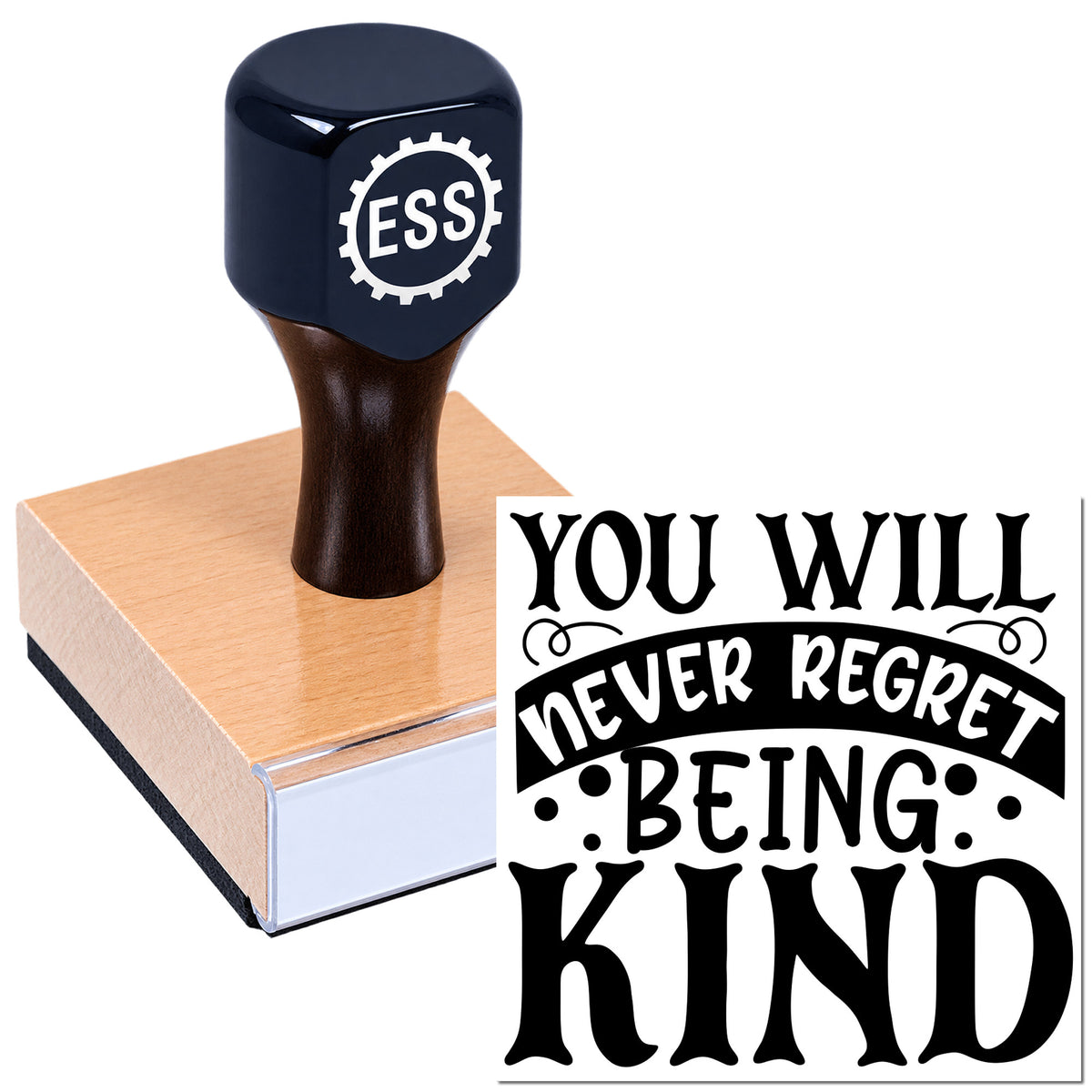 Black ESS seal stamp on a pink wax block with "You will never regret being kind" text.