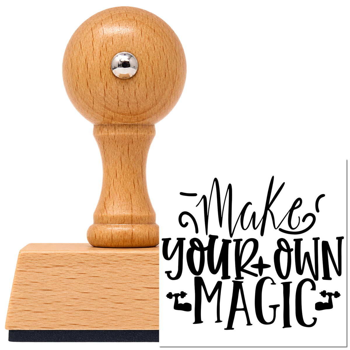 Vintage Pro beech wood stamp with a round knob handle, shown with its black Make Your Own Magic imprint on white.