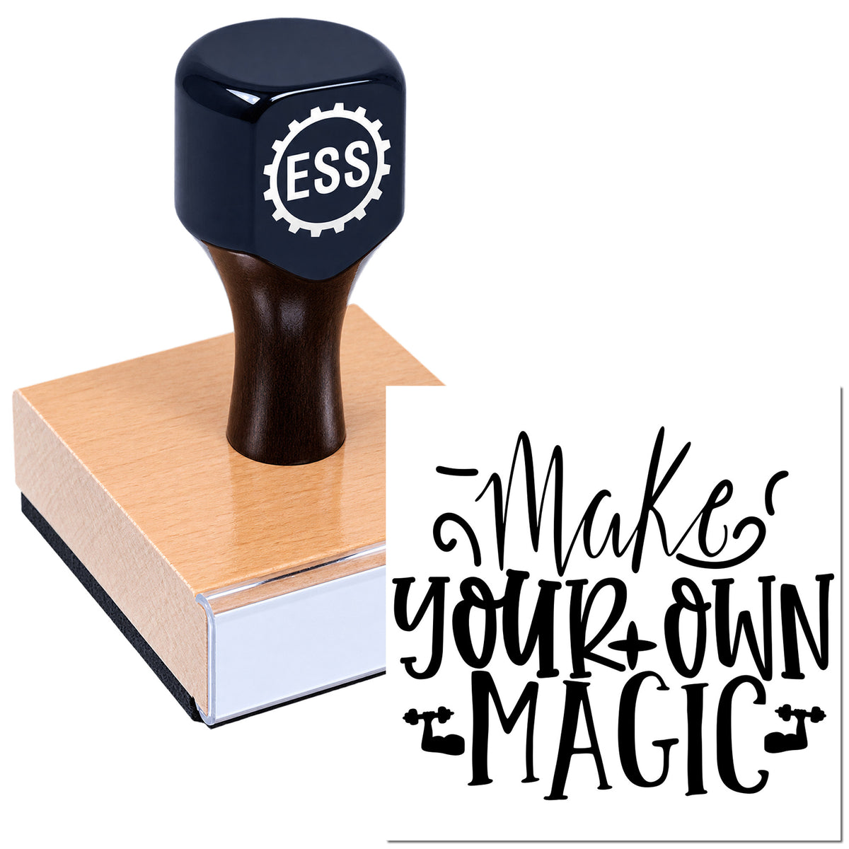 Black ESS custom rubber stamp seal on wood block with "Make your own magic" design in black and white.
