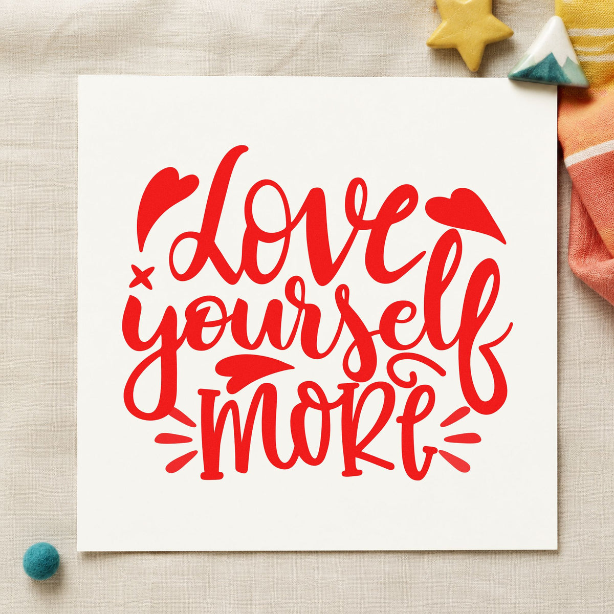 Love Yourself More Hearts rubber stamp shown in red ink, stamped for projects such as shelf prop labels.