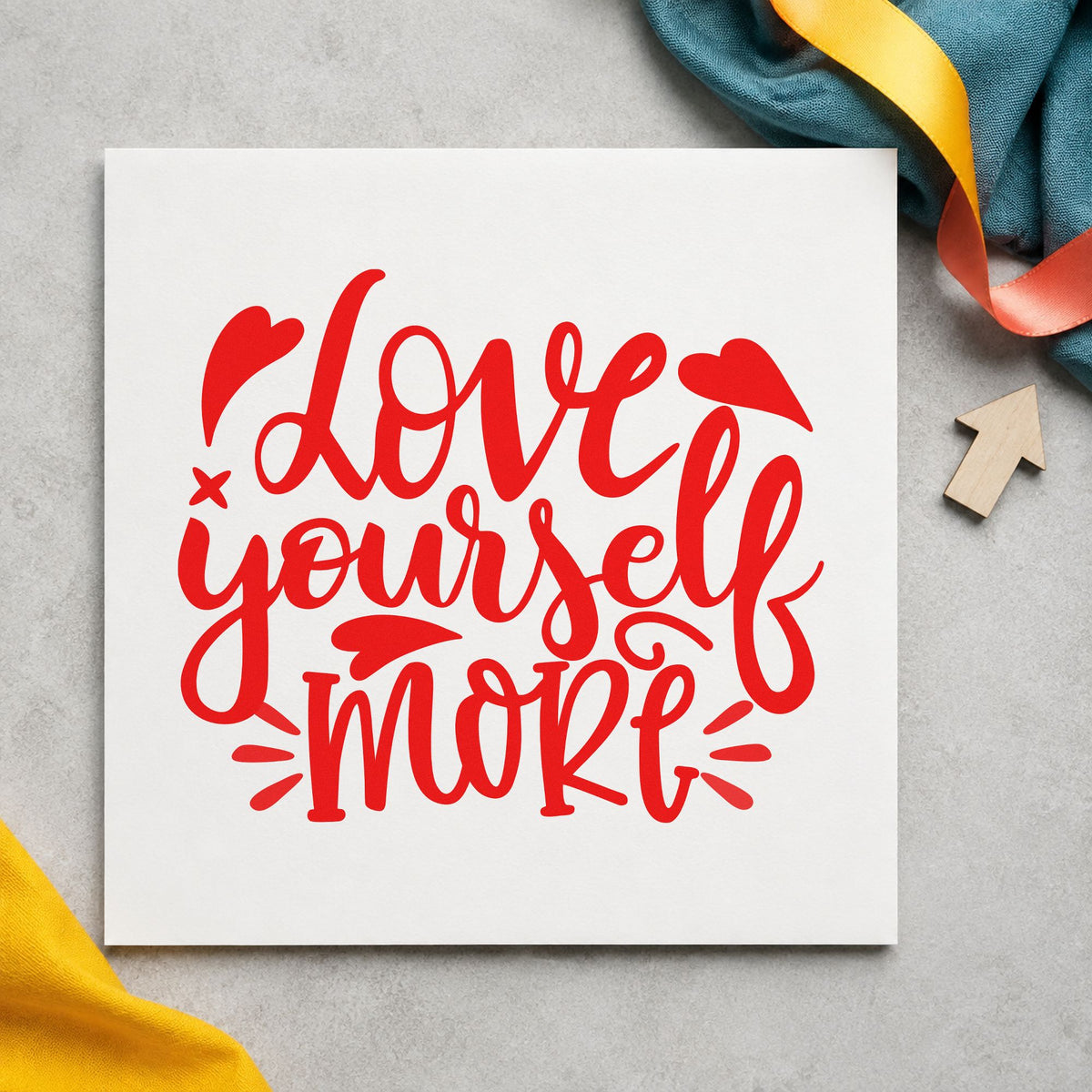 Love Yourself More Hearts craft stamp imprint in red ink on a handmade project, one idea being pose focus cards.