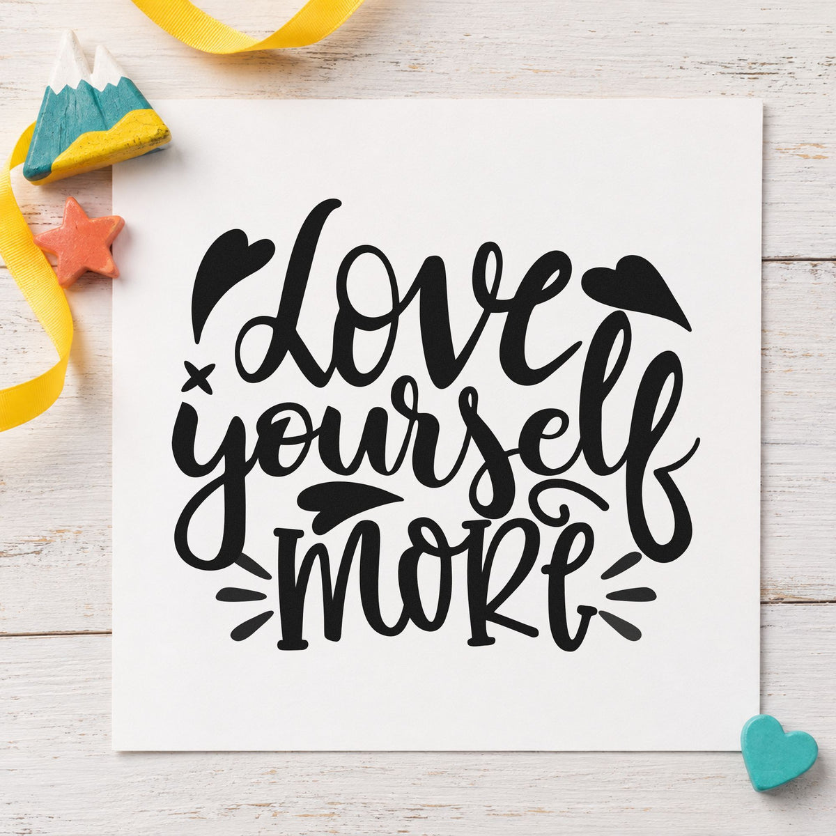 Love Yourself More Hearts rubber stamp printed in black ink, ready for bold heart cards and similar paper crafts.