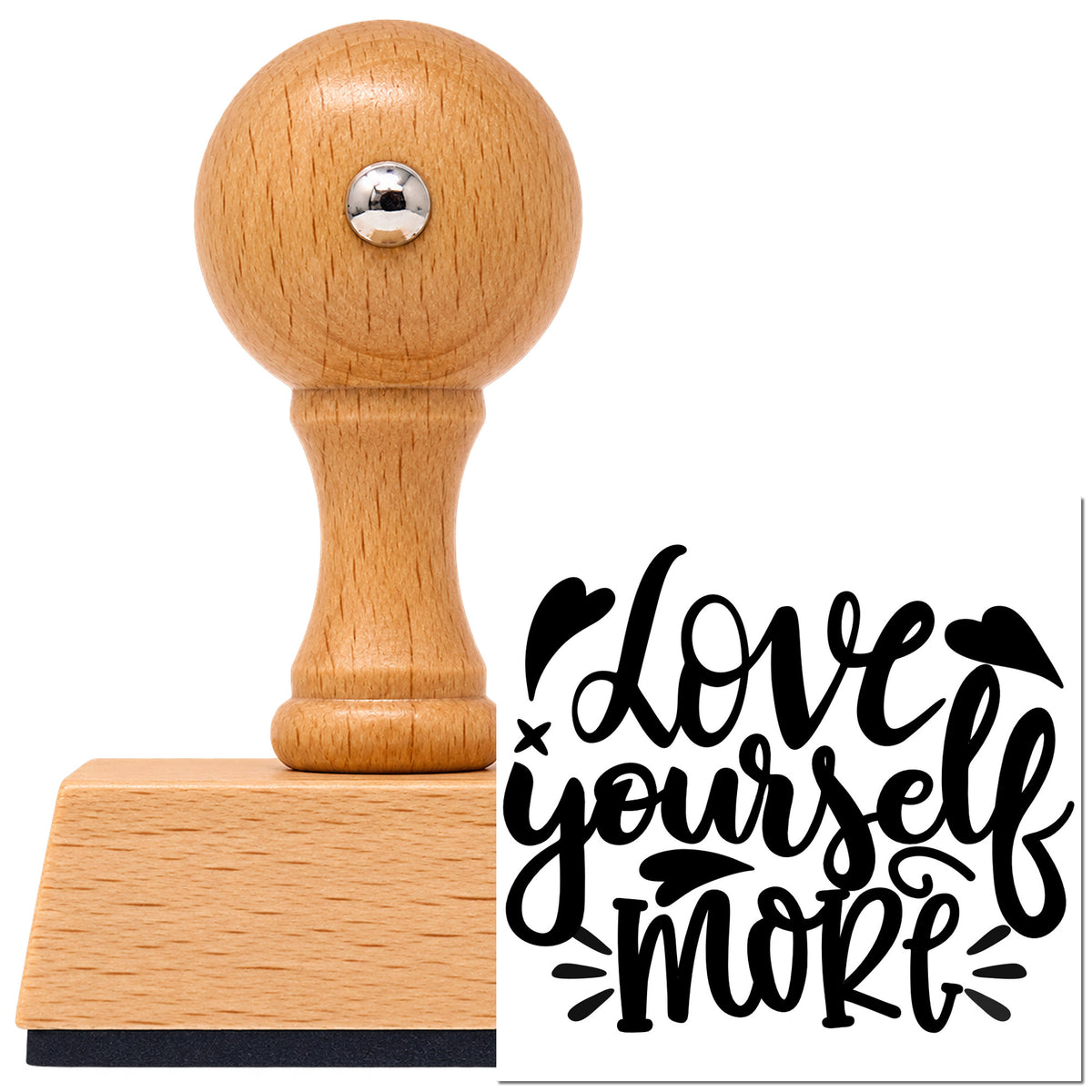 Vintage Pro beech wood stamp with a round knob handle, shown with its black Love Yourself More Hearts imprint on white.
