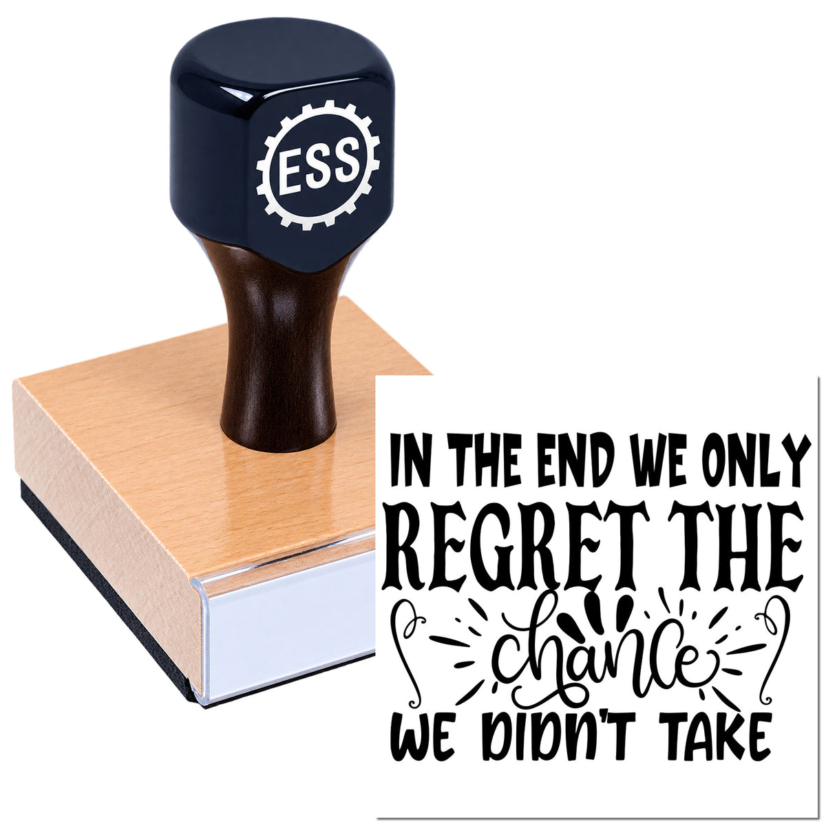 Black ESSI stamp and seal on a pink block, beside bold black quote text on white background.