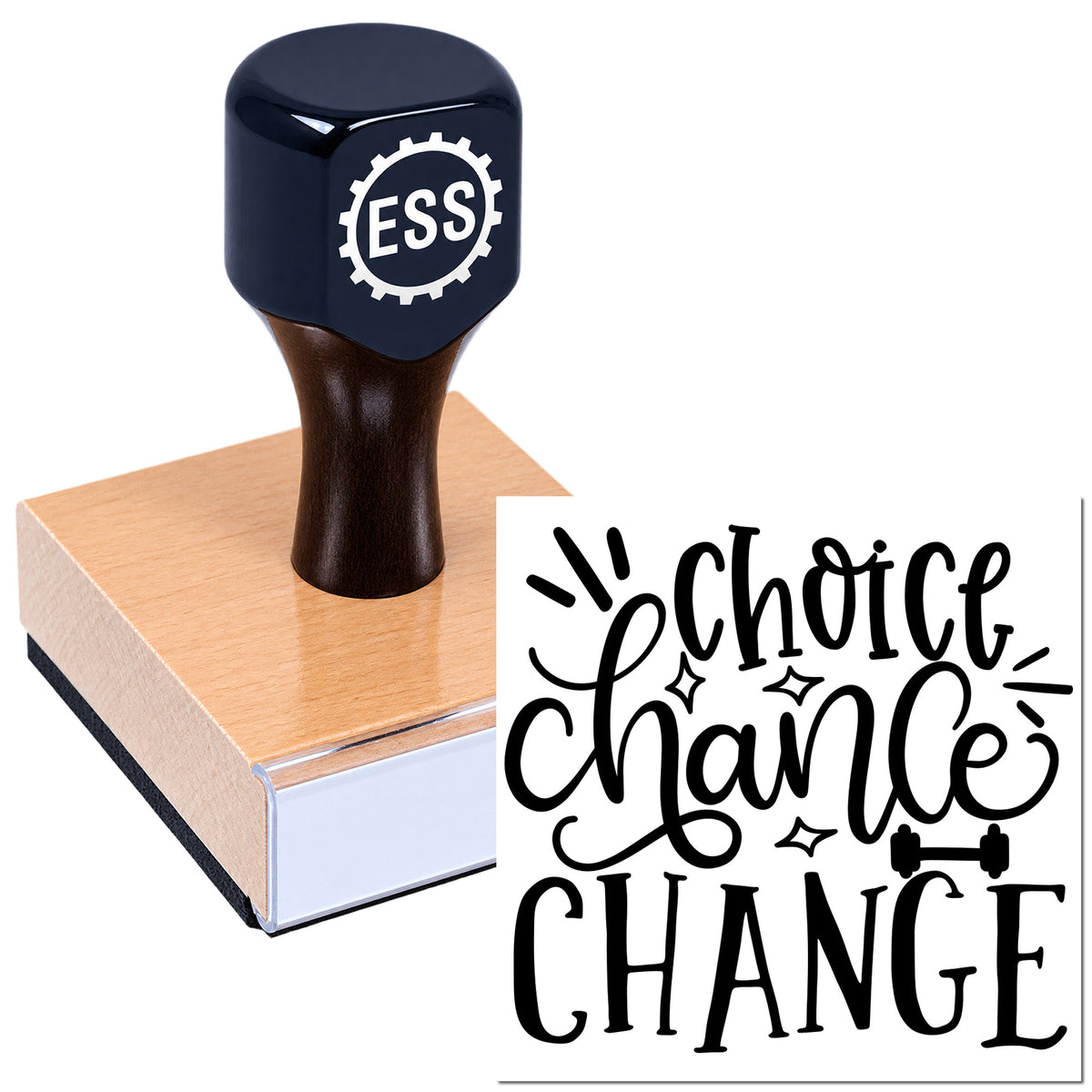 Dark navy ESS rubber stamp on a light wood block beside a black "Choice Change" seal graphic.