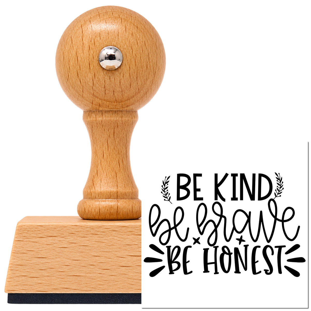 Vintage Pro beech wood stamp with a round knob handle, shown with its black Be Kind Brave Honest Botanical Sprig imprint on white.