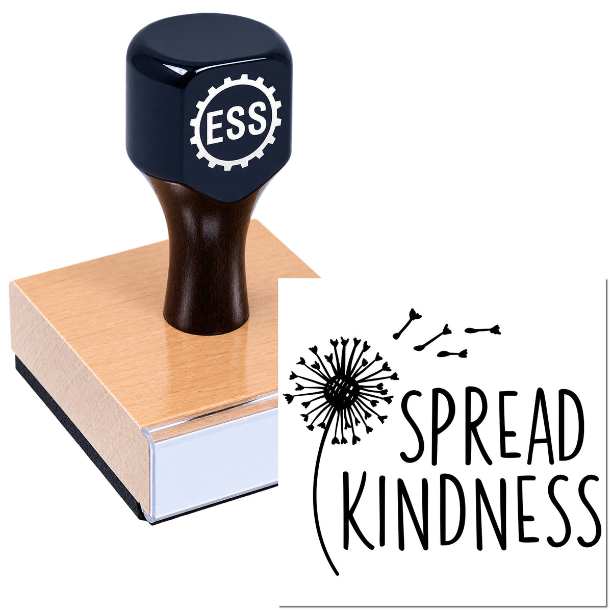 Black ESS custom rubber stamp on a pink base, beside a Spread Kindness dandelion seal design on white.