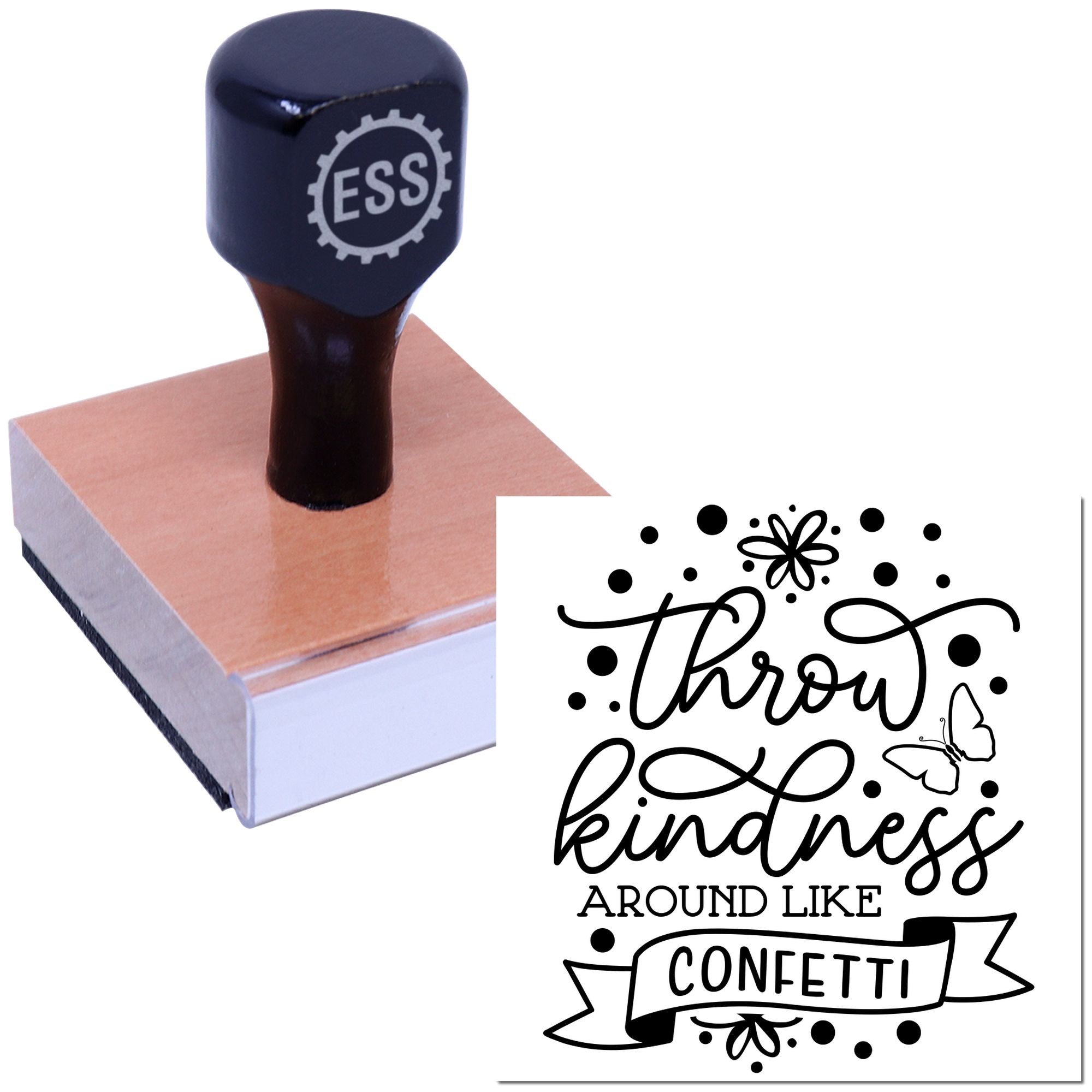 Black ESSI rubber stamp on a pink seal block with a black Throw kindness around like confetti design and butterflies.