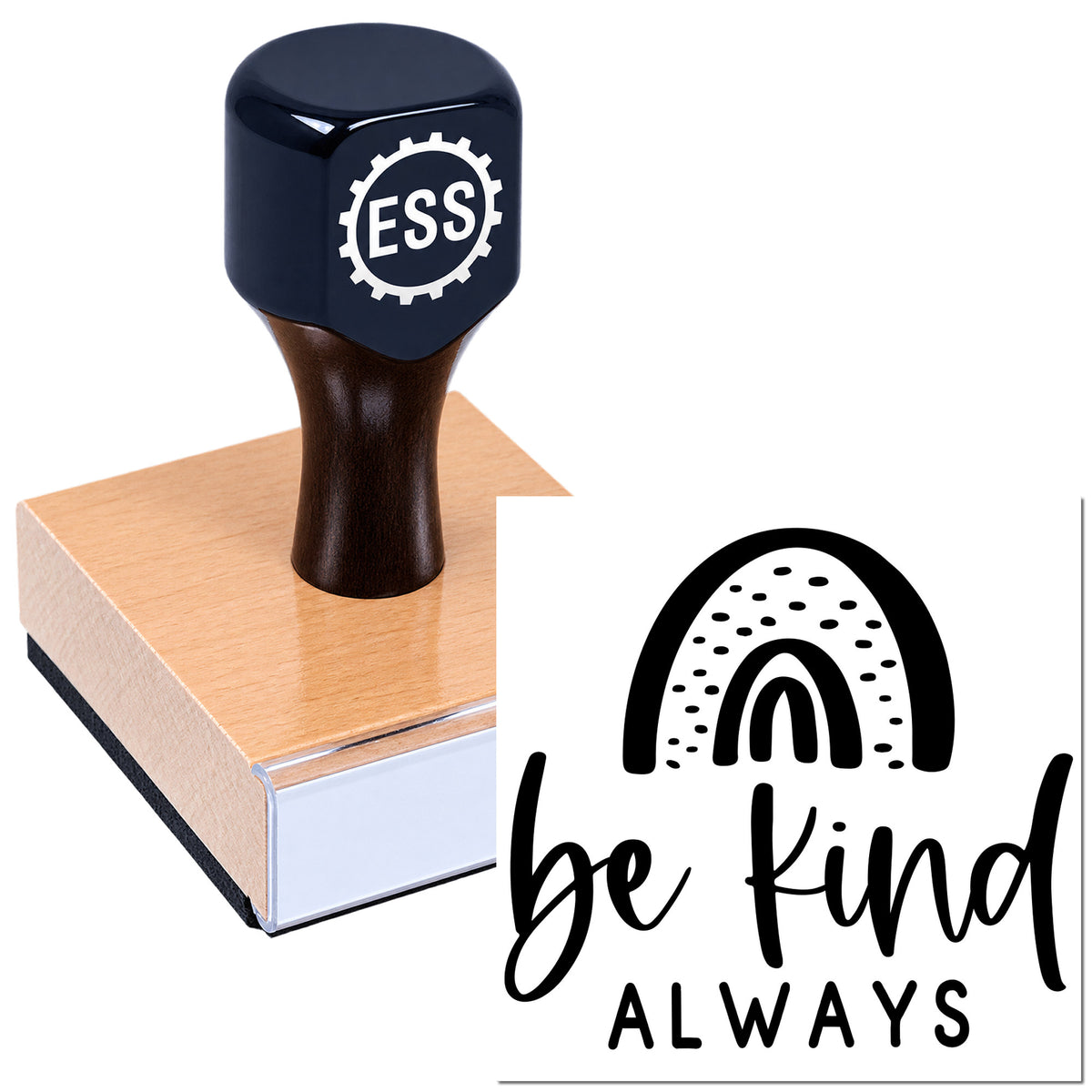 Black ESS stamp on pink wooden block beside black "be kind always" seal design on white.