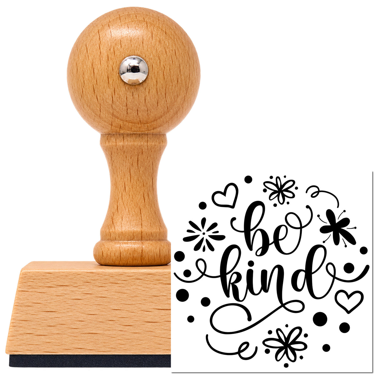 Vintage Pro beech wood stamp with a round knob handle, shown with its black Be Kind Flowers Hearts imprint on white.