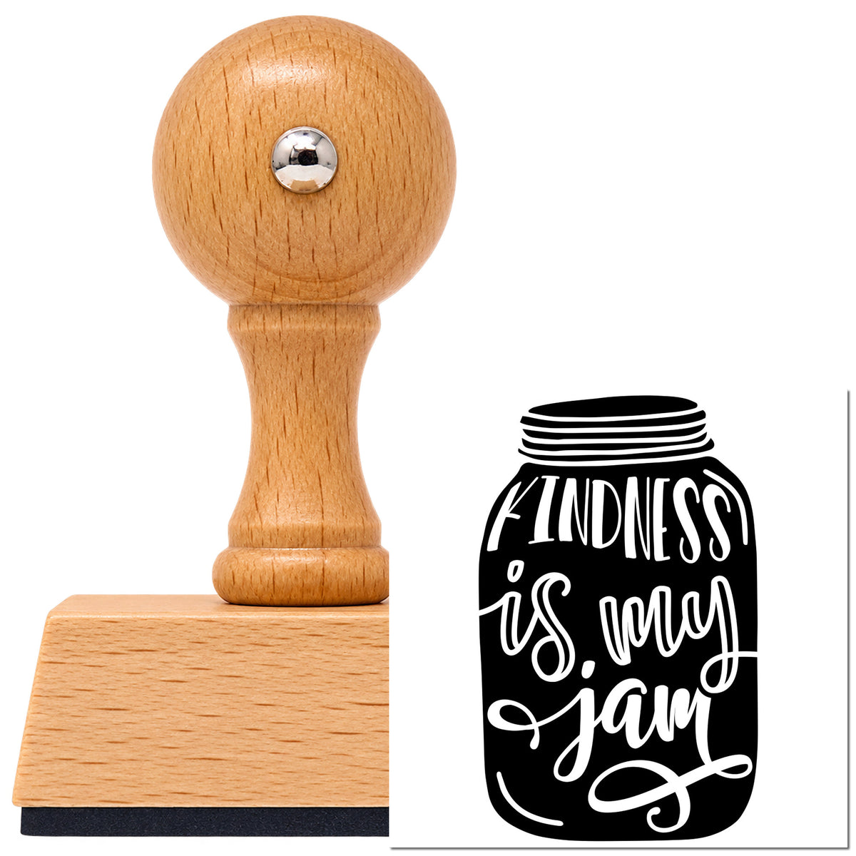 Vintage Pro beech wood stamp with a round knob handle, shown with its black Kindness Is My Jam Jar imprint on white.