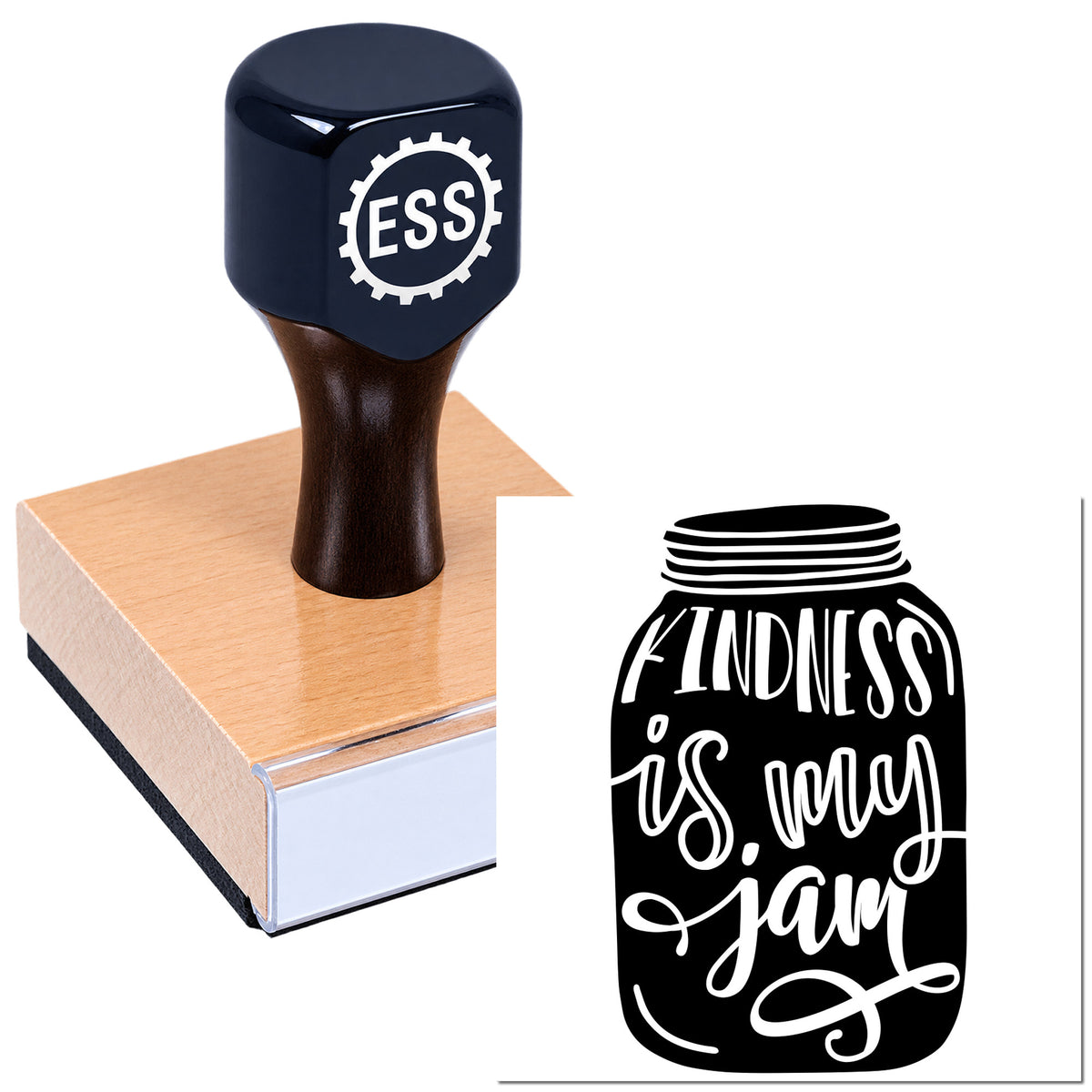 Dark navy custom stamp on copper block with ESS logo, beside a black seal design reading "kindness is my jam."