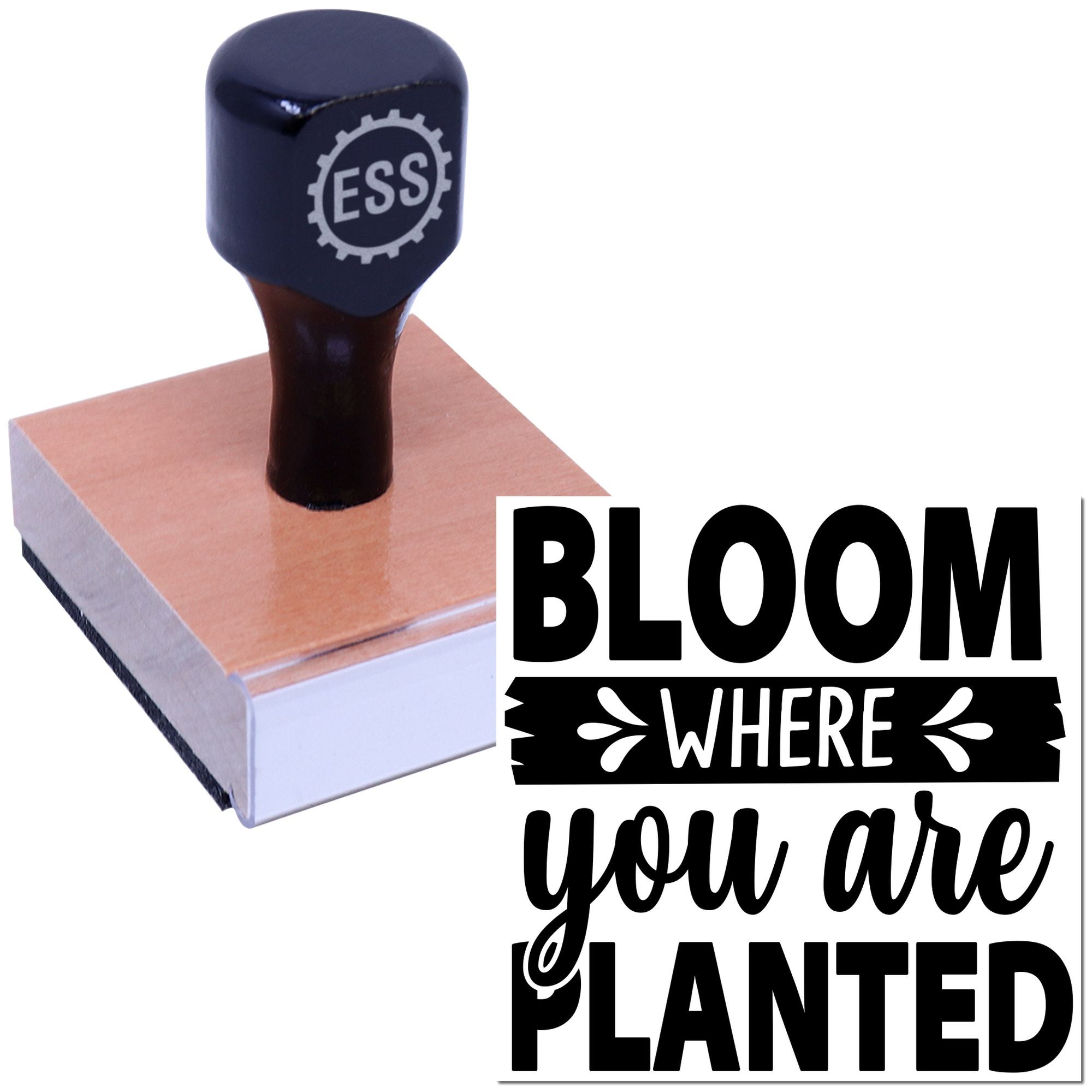 Custom rubber stamp and seal with dark blue handle, pink base, ESS gear logo, and bold black Bloom where you are planted text.