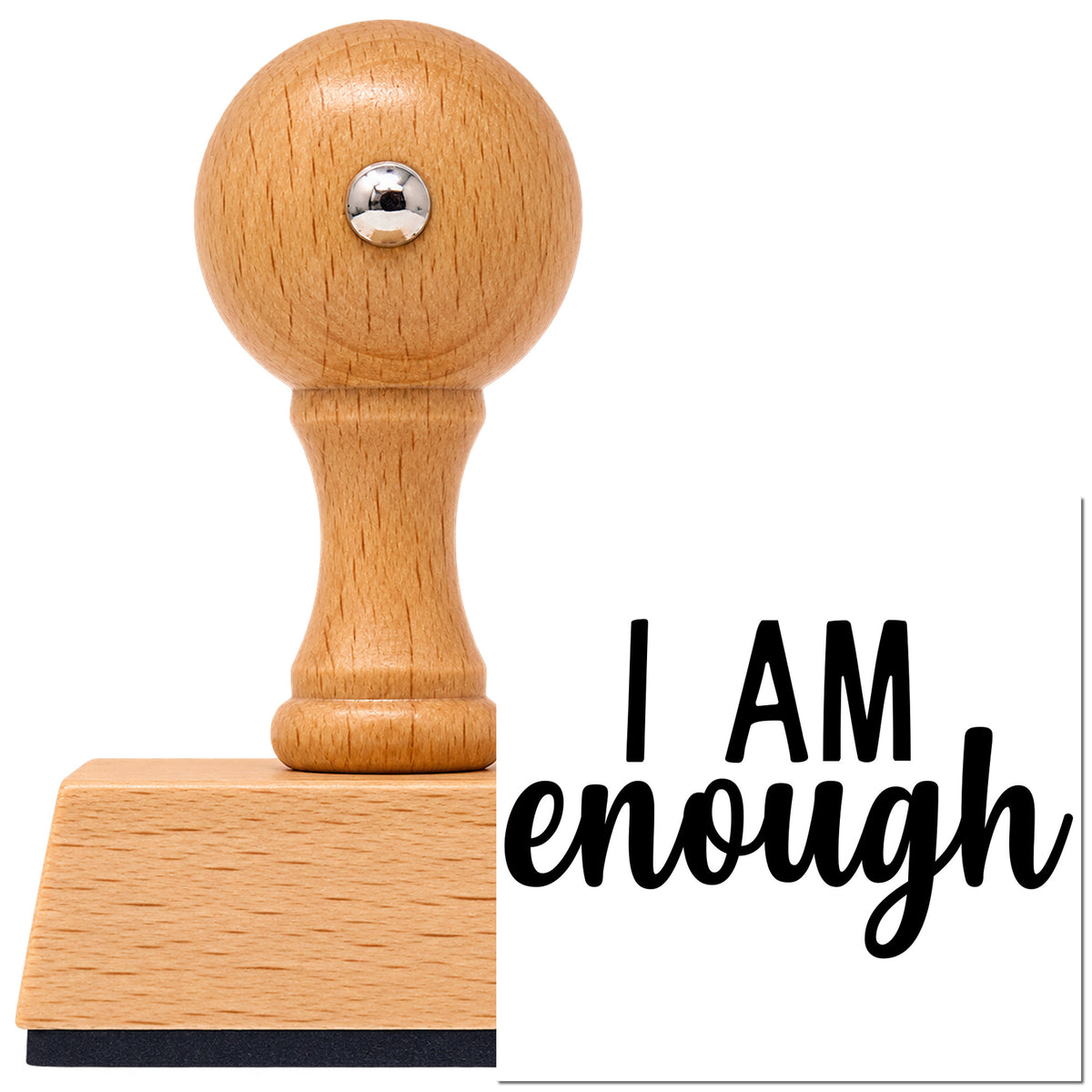 Vintage Pro beech wood stamp with a round knob handle, shown with its black I Am Enough imprint on white.