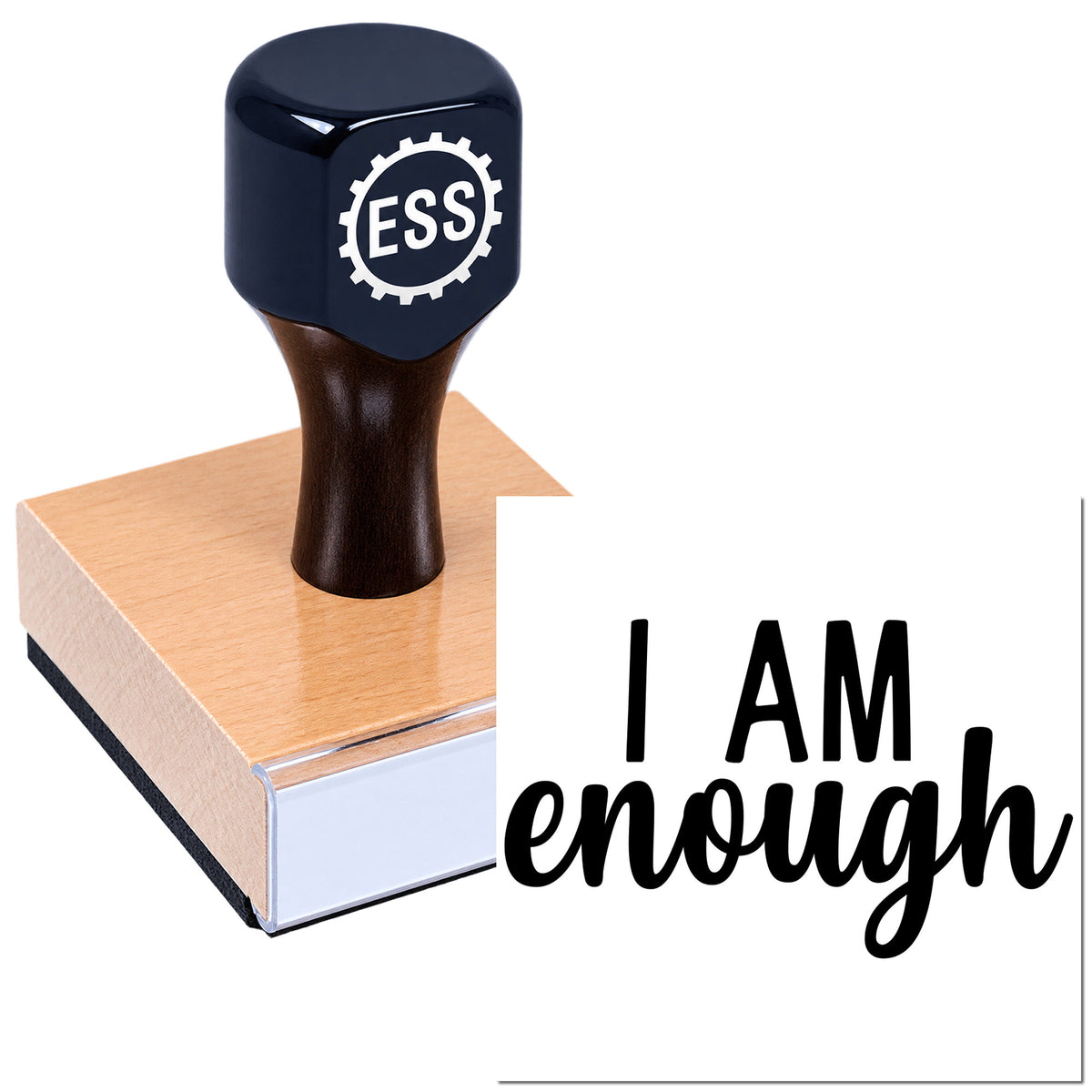 Black ESS stamp and seal with wood-toned base and bold "I AM enough" text on a white background.