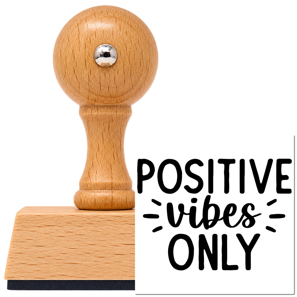 Vintage Pro beech wood stamp with a round knob handle, shown with its black Positive Vibes Only Rays imprint on white.