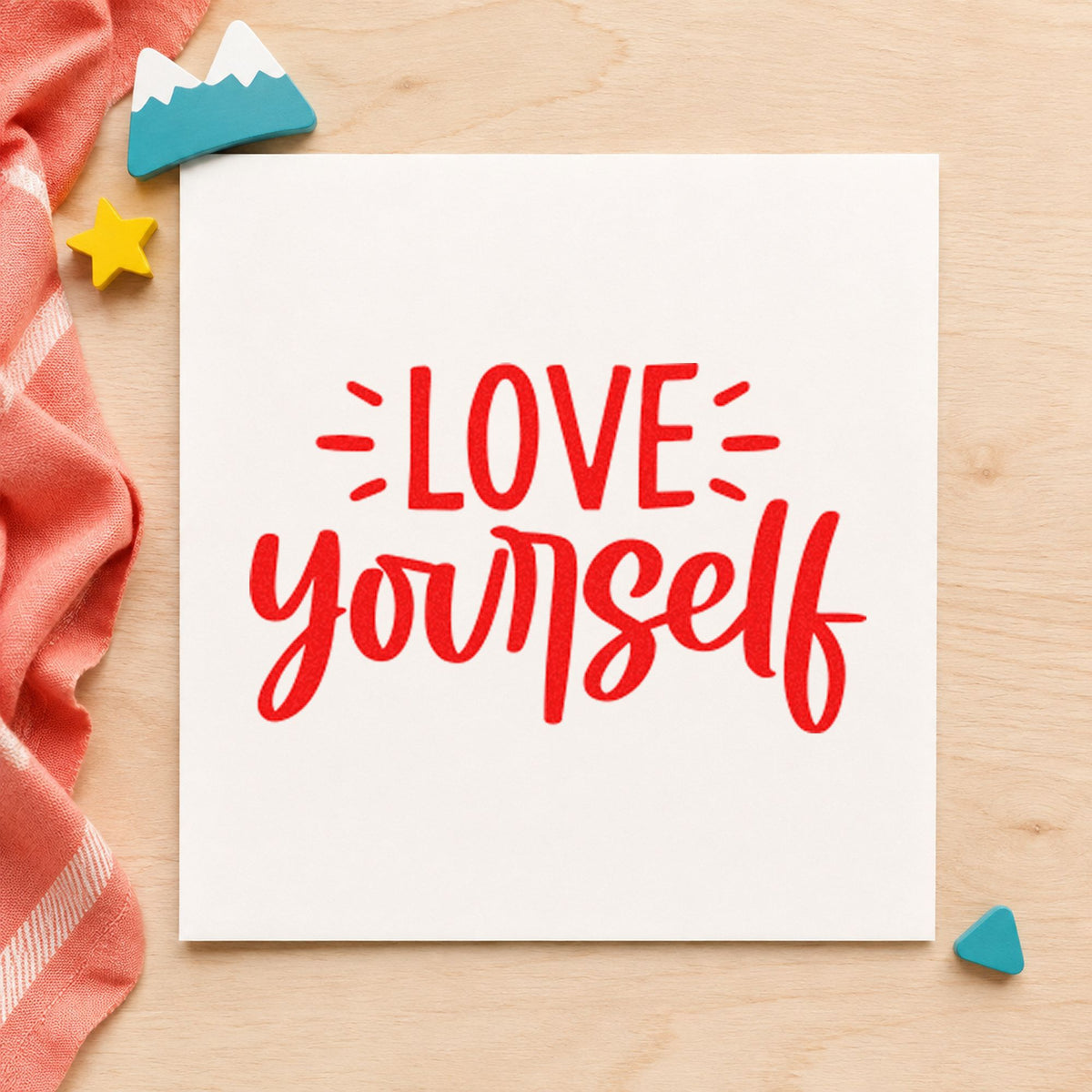 Love Yourself Bold Script rubber stamp shown in red ink, stamped for projects such as bin oil labels.