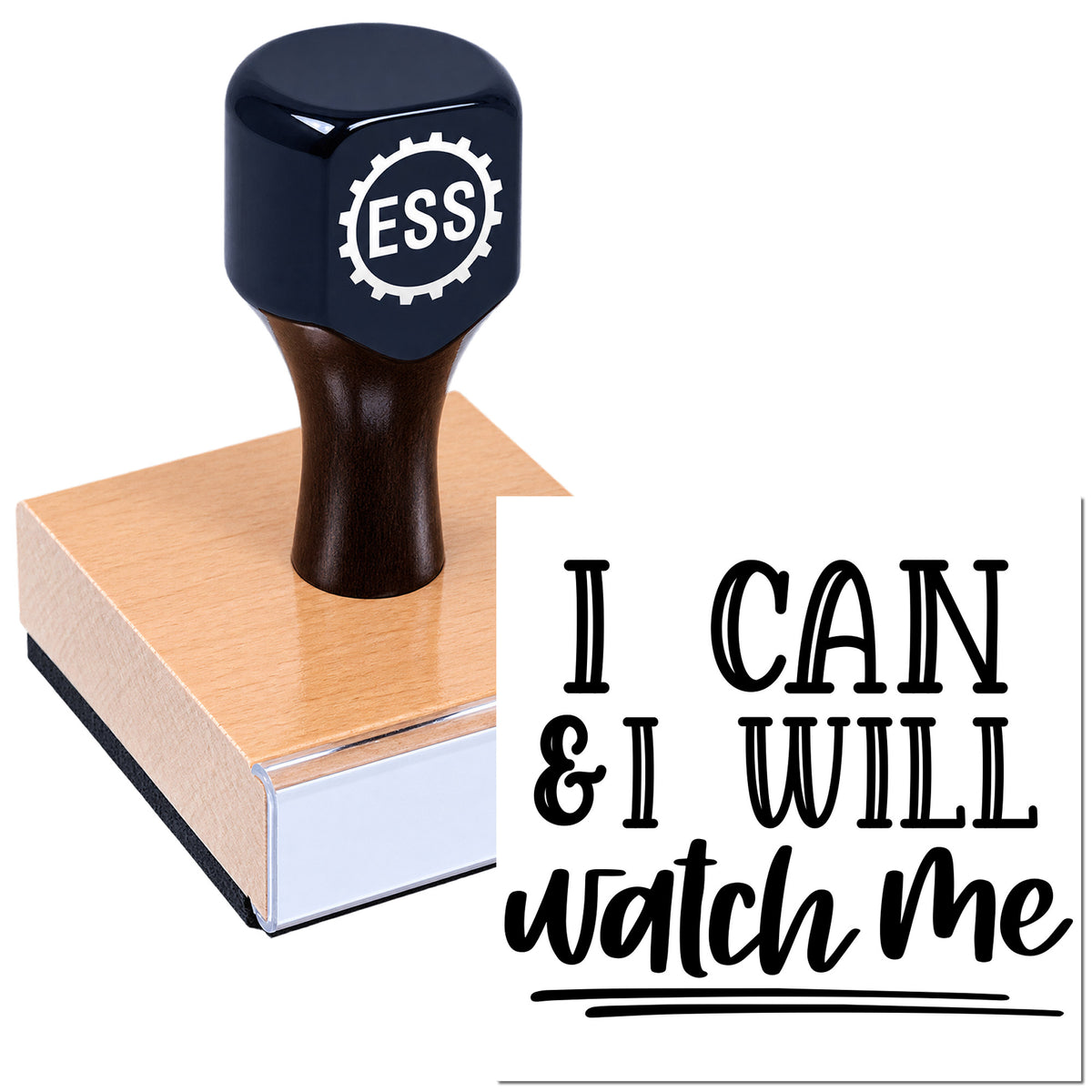 Dark navy ESS self-inking stamp on a pink wooden seal block beside black "I CAN & I WILL" seal text on white.