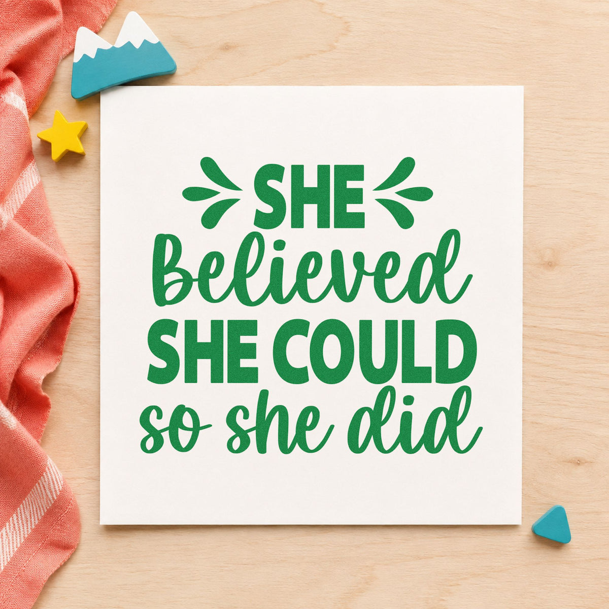 She Believed She Could craft stamp imprint in green ink on a handmade project, one idea being intro prompt cards.