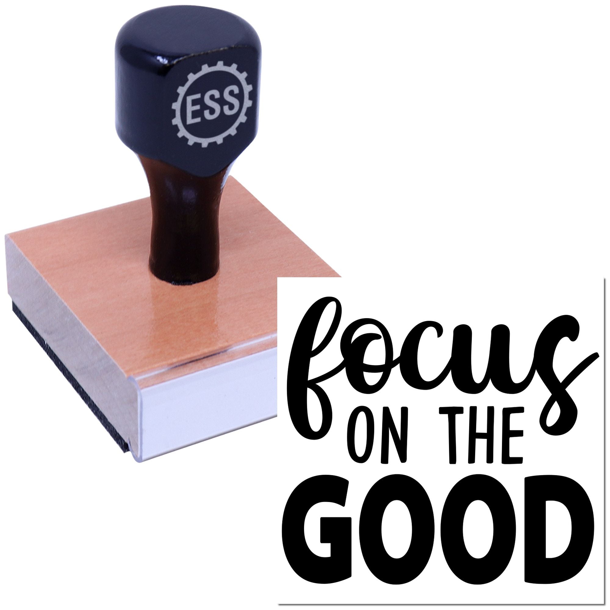 Dark blue ESS rubber stamp on a square wood block with black focus on the good seal design.