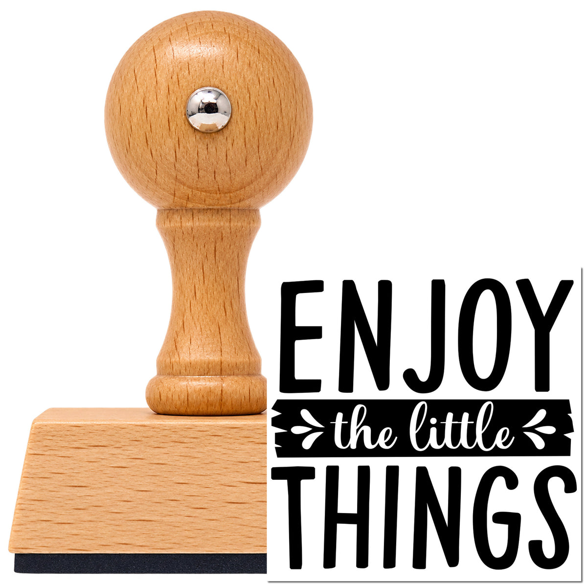 Vintage Pro beech wood stamp with a round knob handle, shown with its black Enjoy The Little Things Banner imprint on white.