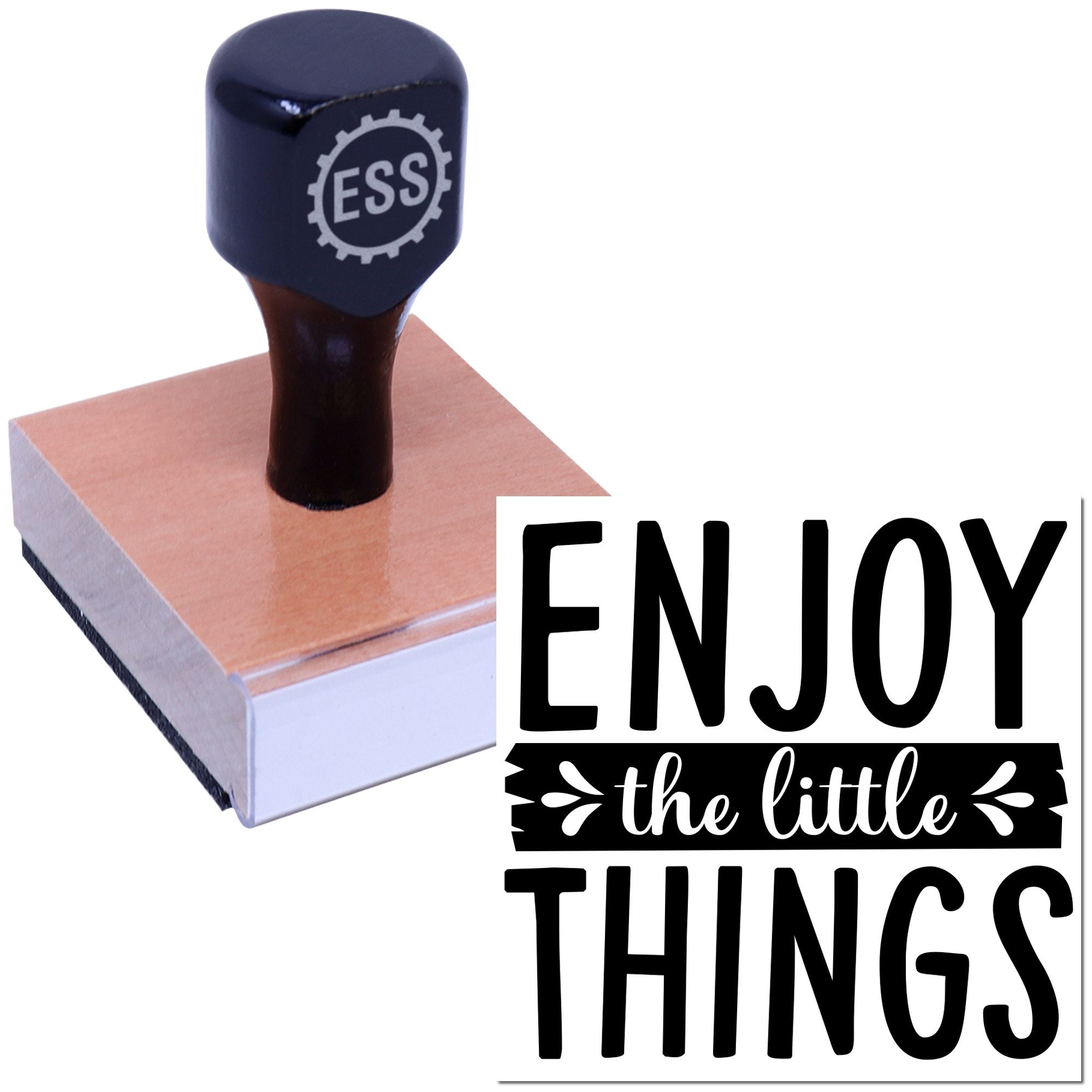 Dark navy ESS rubber stamp on a copper seal pad with ENJOY the little THINGS design.
