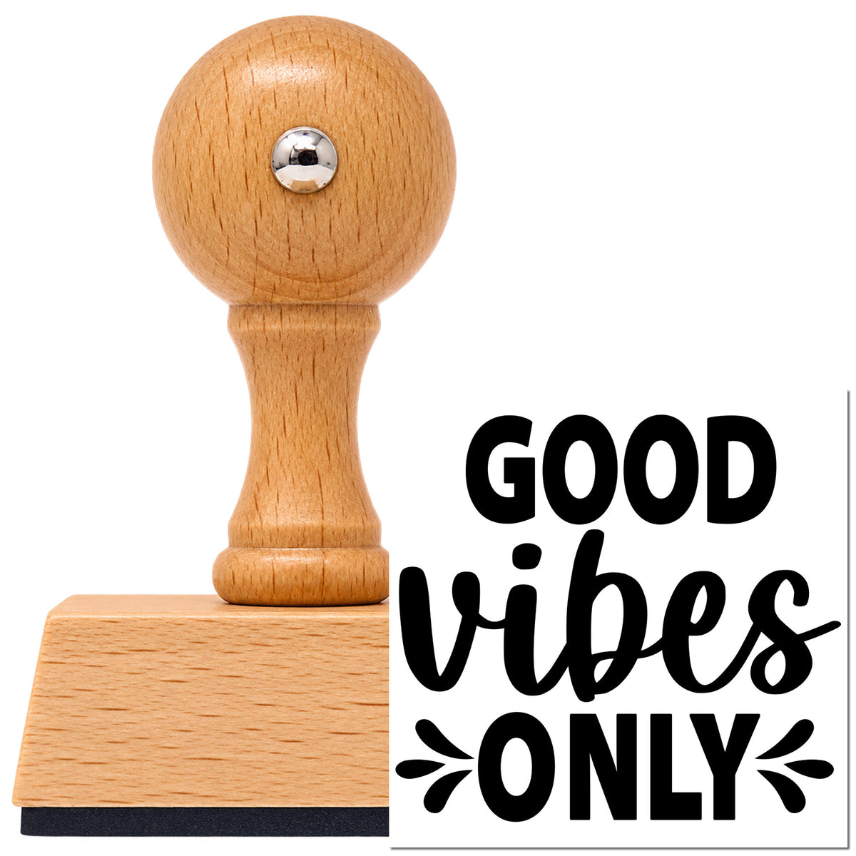 Vintage Pro beech wood stamp with a round knob handle, shown with its black Good Vibes Only Splashes imprint on white.