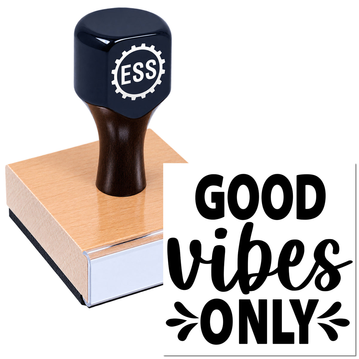 Navy ESS rubber stamp and wooden seal block beside bold black "GOOD VIBES ONLY" lettering on white.