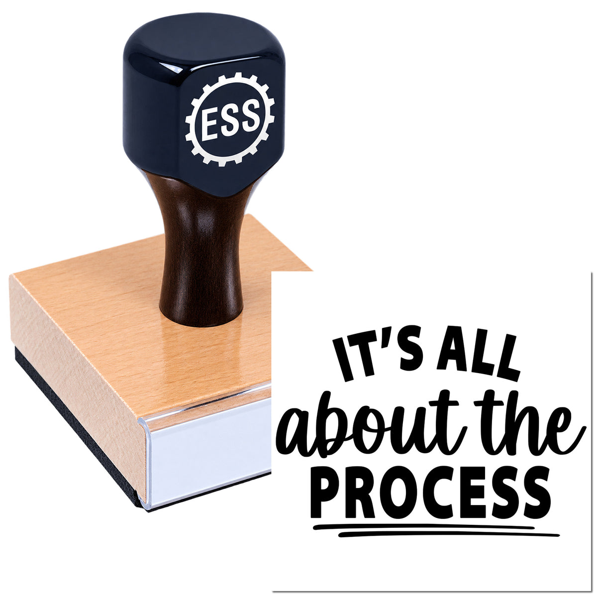 Black ESS stamp and seal on copper-toned block, with white panel reading "It's all about the process."