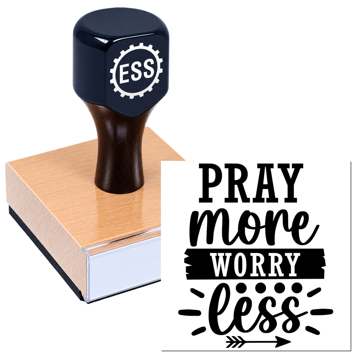 Black ESS hand stamp on pink wax seal block, showing a "PRAY more WORRY less" seal design.