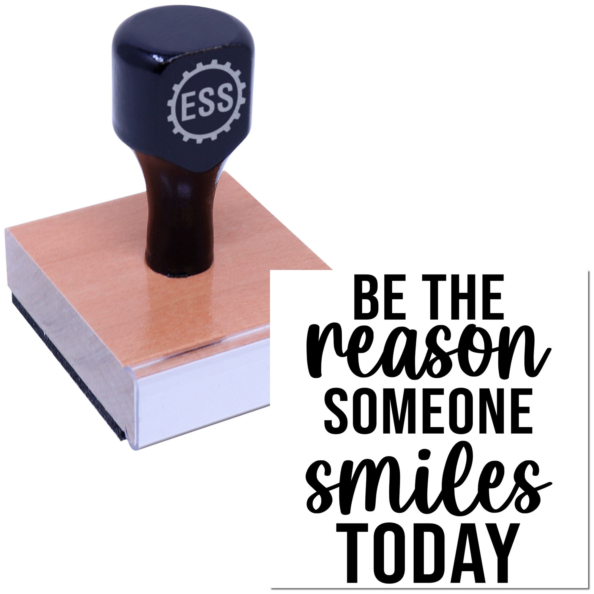 Black ESS self-inking stamp on a copper seal block, beside bold black text: Be the reason someone smiles today.