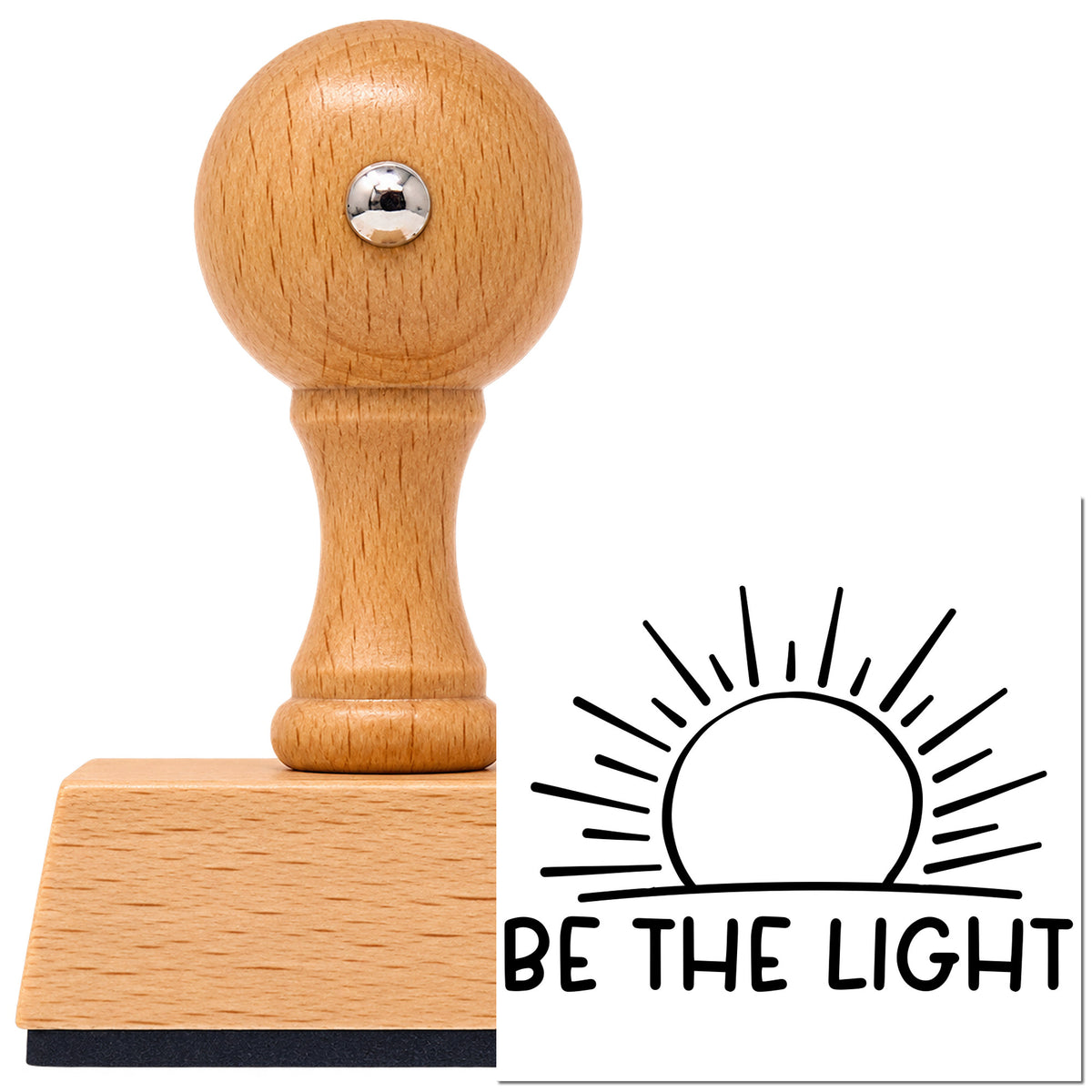 Vintage Pro beech wood stamp with a round knob handle, shown with its black Be The Light Sunrise Linework imprint on white.