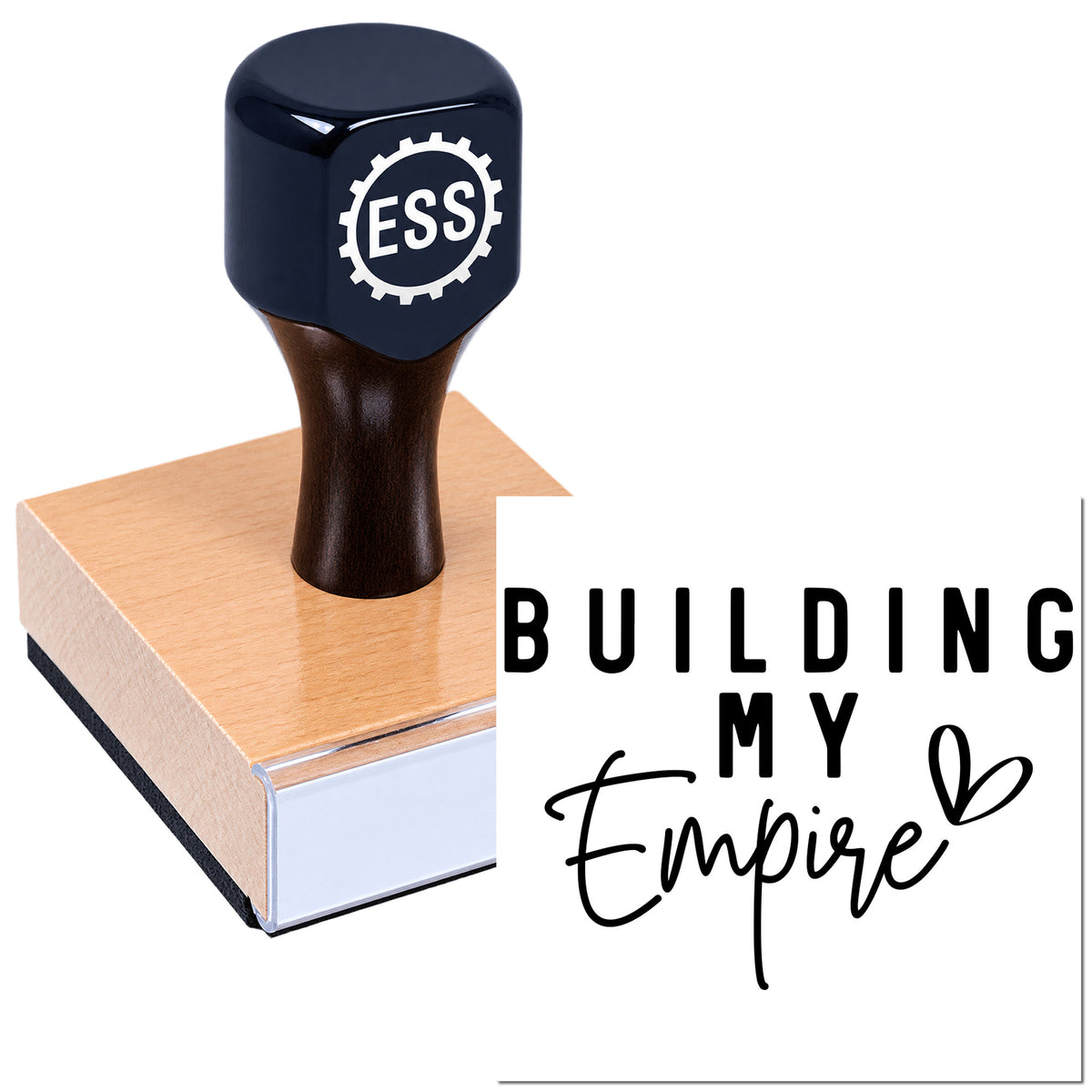 Navy rubber stamp and seal on pink block with ESSL logo and "Building My Empire" text.