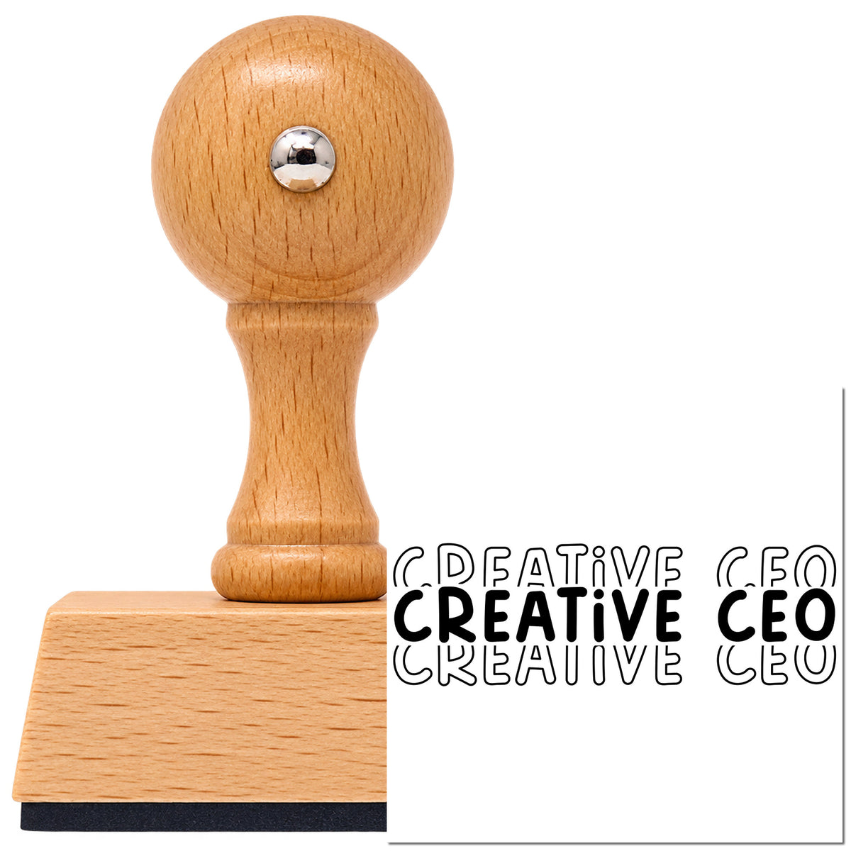 Vintage Pro beech wood stamp with a round knob handle, shown with its black Creative CEO Repeated Lettering imprint on white.