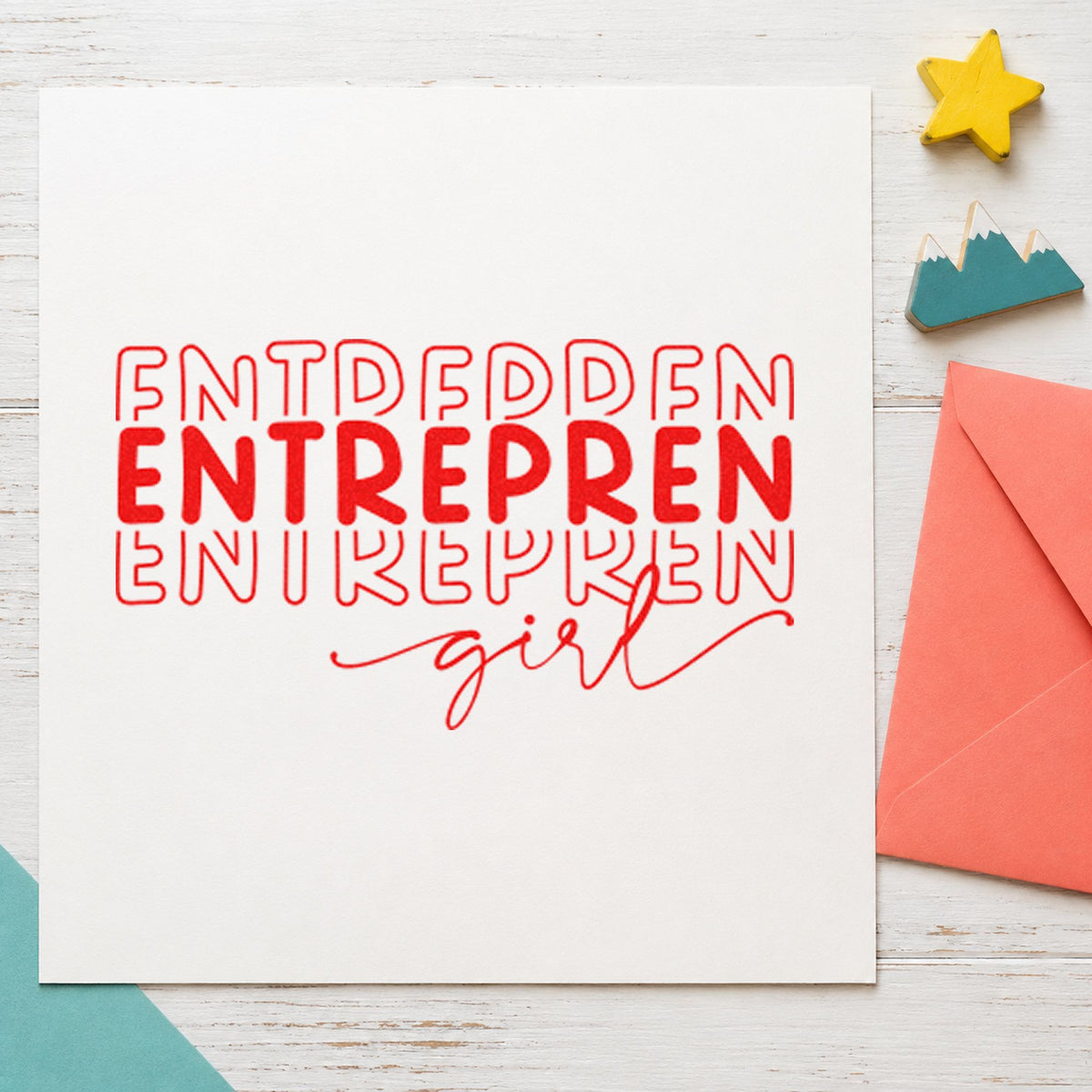 Entrepren Girl Repeated Lettering rubber stamp shown in red ink, stamped for projects such as shelf theme labels.