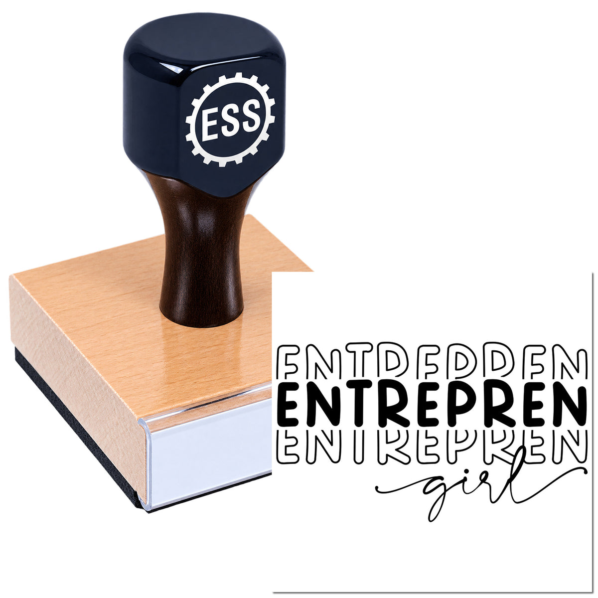 Black ESS rubber stamp on a pink seal block, with custom seal design reading ENTREPREN in black on a white background.