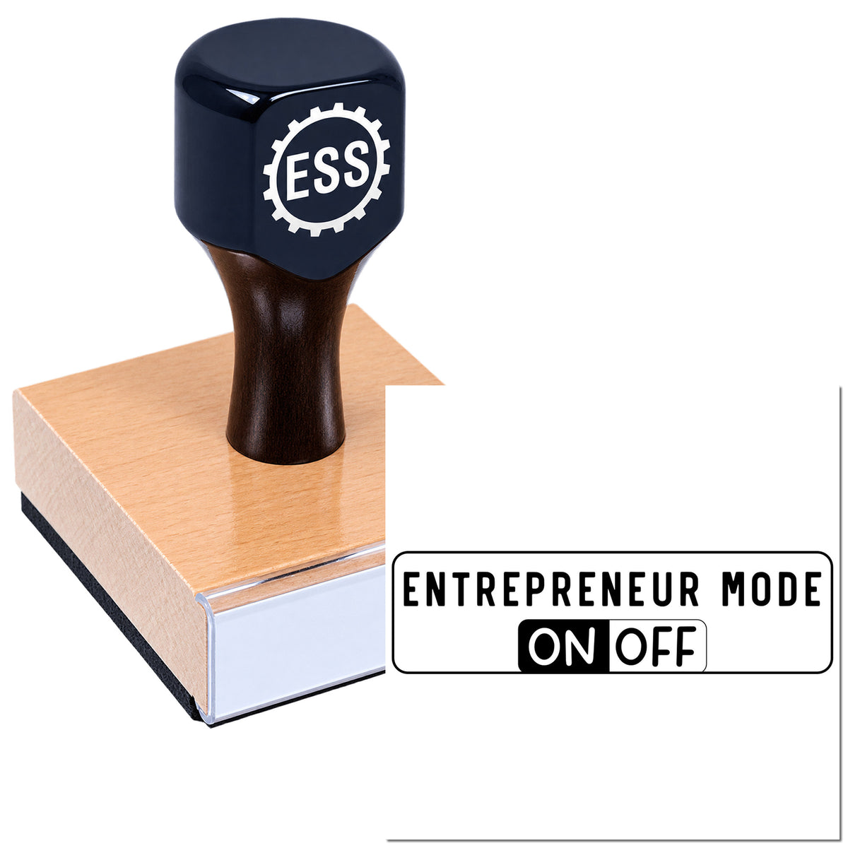 Black ESS stamp and seal on a copper block with Entrepreneur Mode ON/OFF label.